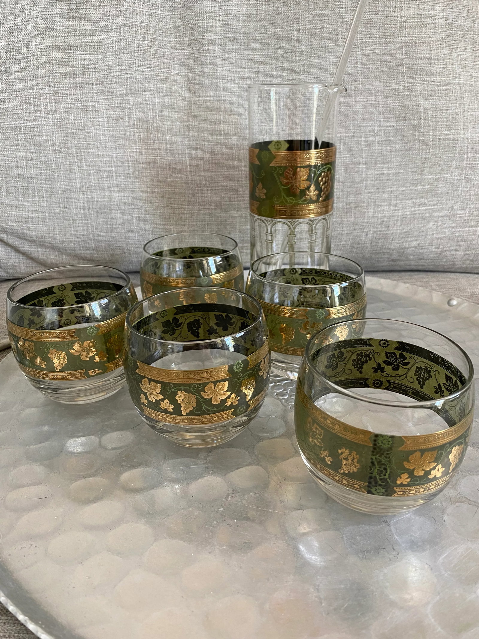1950s Cera Glass Golden Grapes Hollywood Regency Barware Set- 7 Pieces - 7
