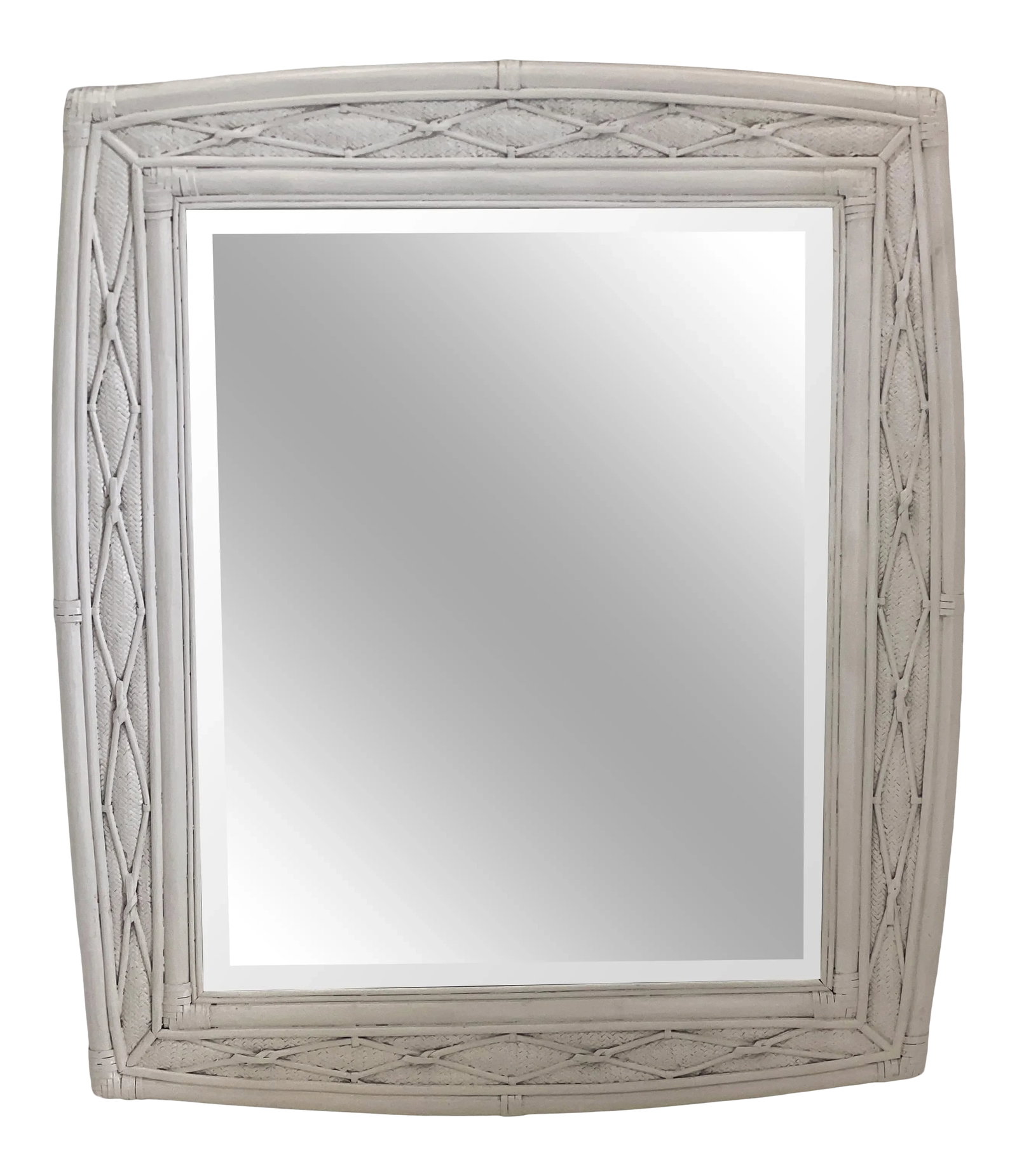 1980s Boho Chic White Bamboo and Rattan Mirror: Large white vintage bamboo and rattan mirror with 1" bevel and option to hang horizontally or vertically. Condition: Alterations: Original Condition Unaltered Imperfections: Some Imperfections