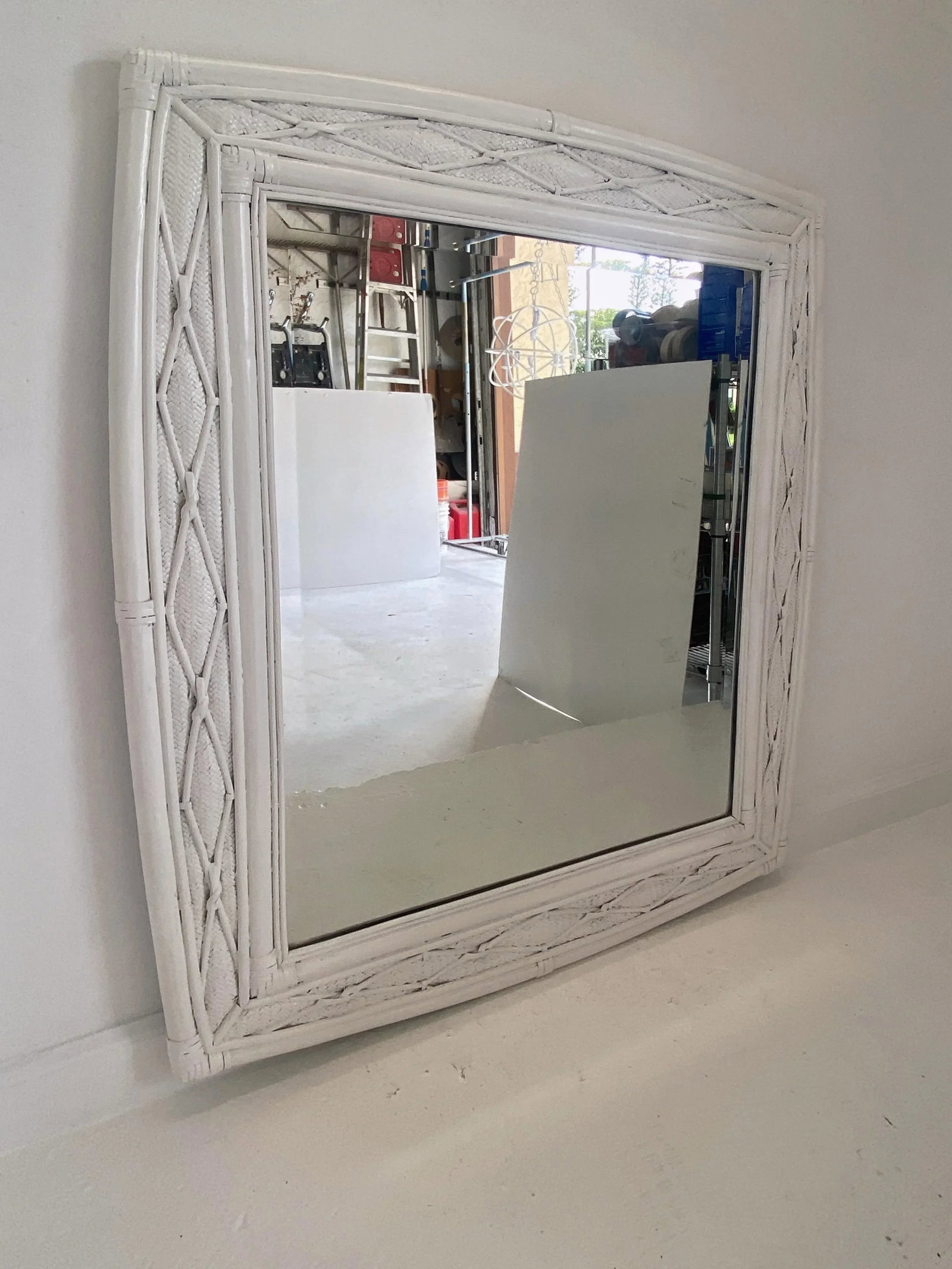 1980s Boho Chic White Bamboo and Rattan Mirror - 3