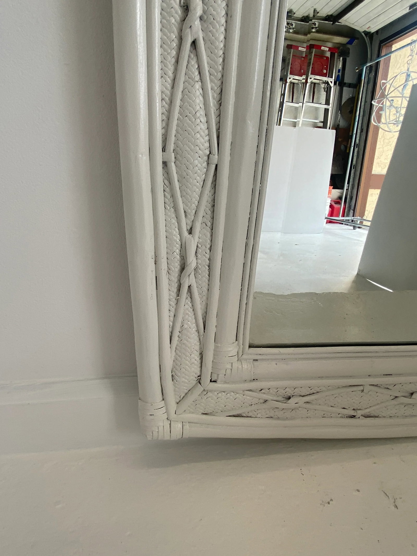 1980s Boho Chic White Bamboo and Rattan Mirror - 5