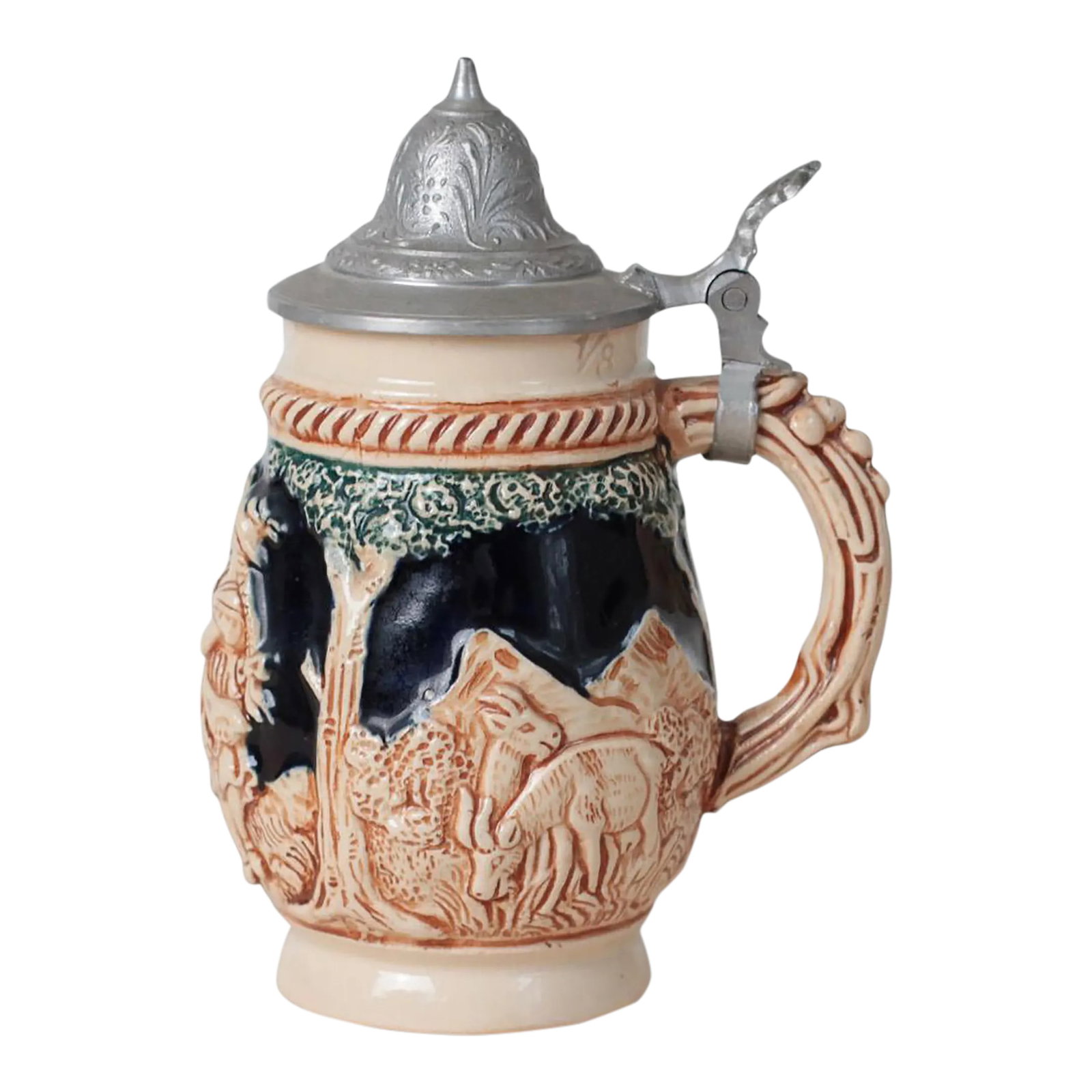 Mid-Century West German 1/8l Beer Stein With Pewter Lid: A vintage West German ceramic beer stein in the 1/8-liter size, decorated with molded alpine scenes and finished with a classic hinged pewter lid. This mid-century piece captures the charm of Bavarian