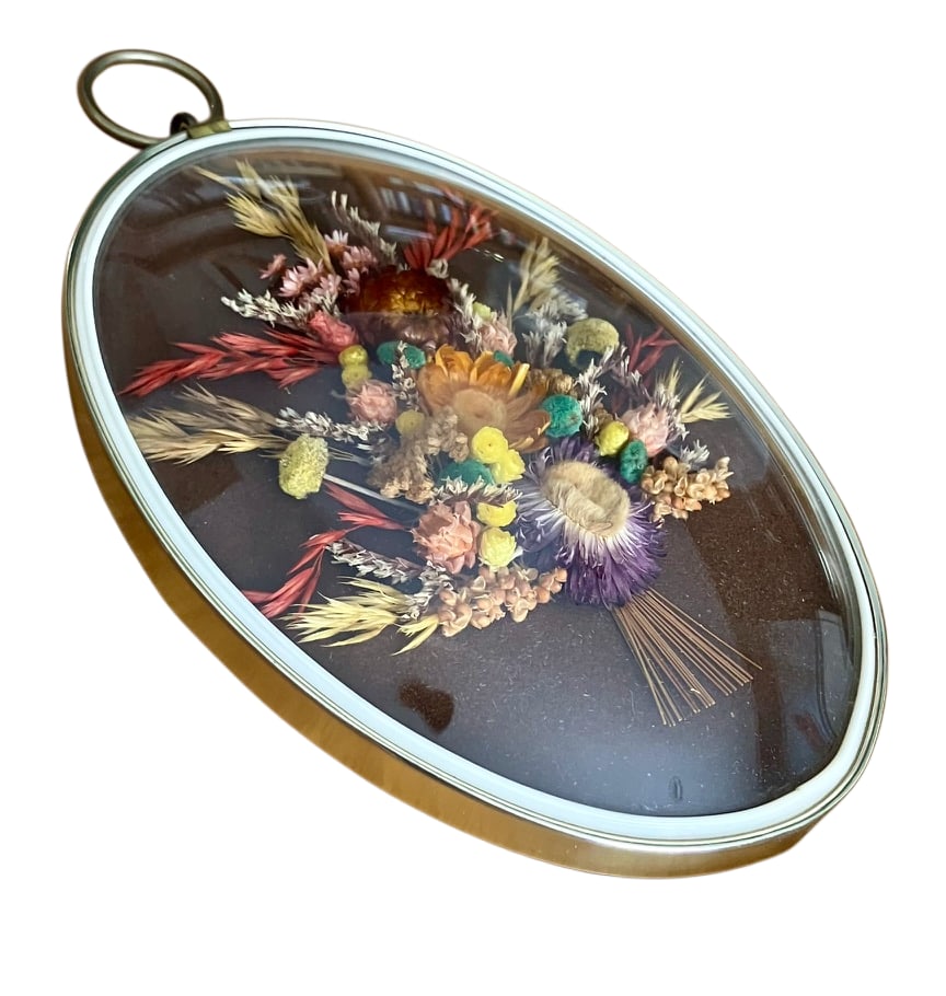 Pair of Vintage Oval Cideart Belgium Dried Floral Arrangements in a Convex Glass Dome Frames - 12