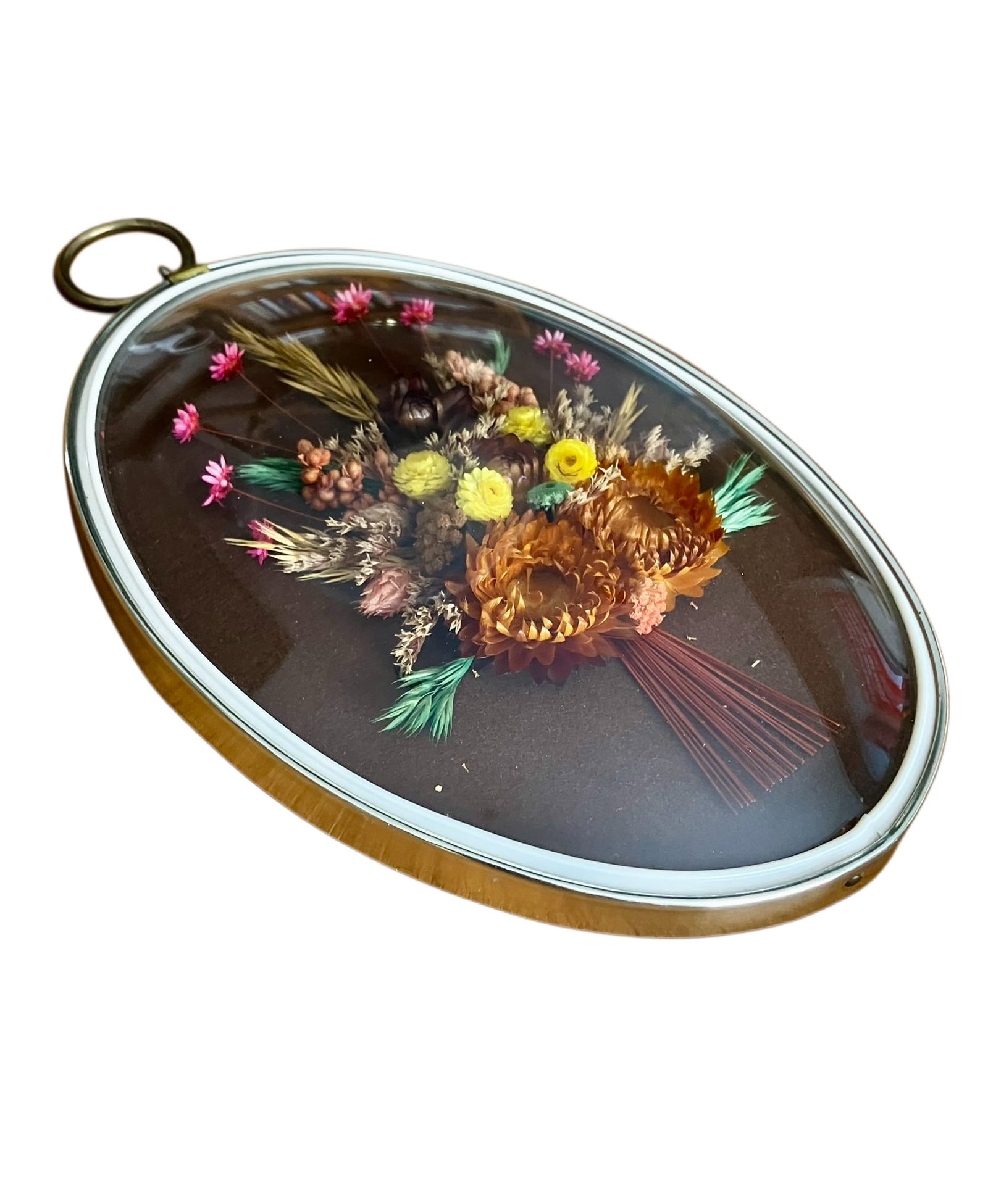 Pair of Vintage Oval Cideart Belgium Dried Floral Arrangements in a Convex Glass Dome Frames - 13