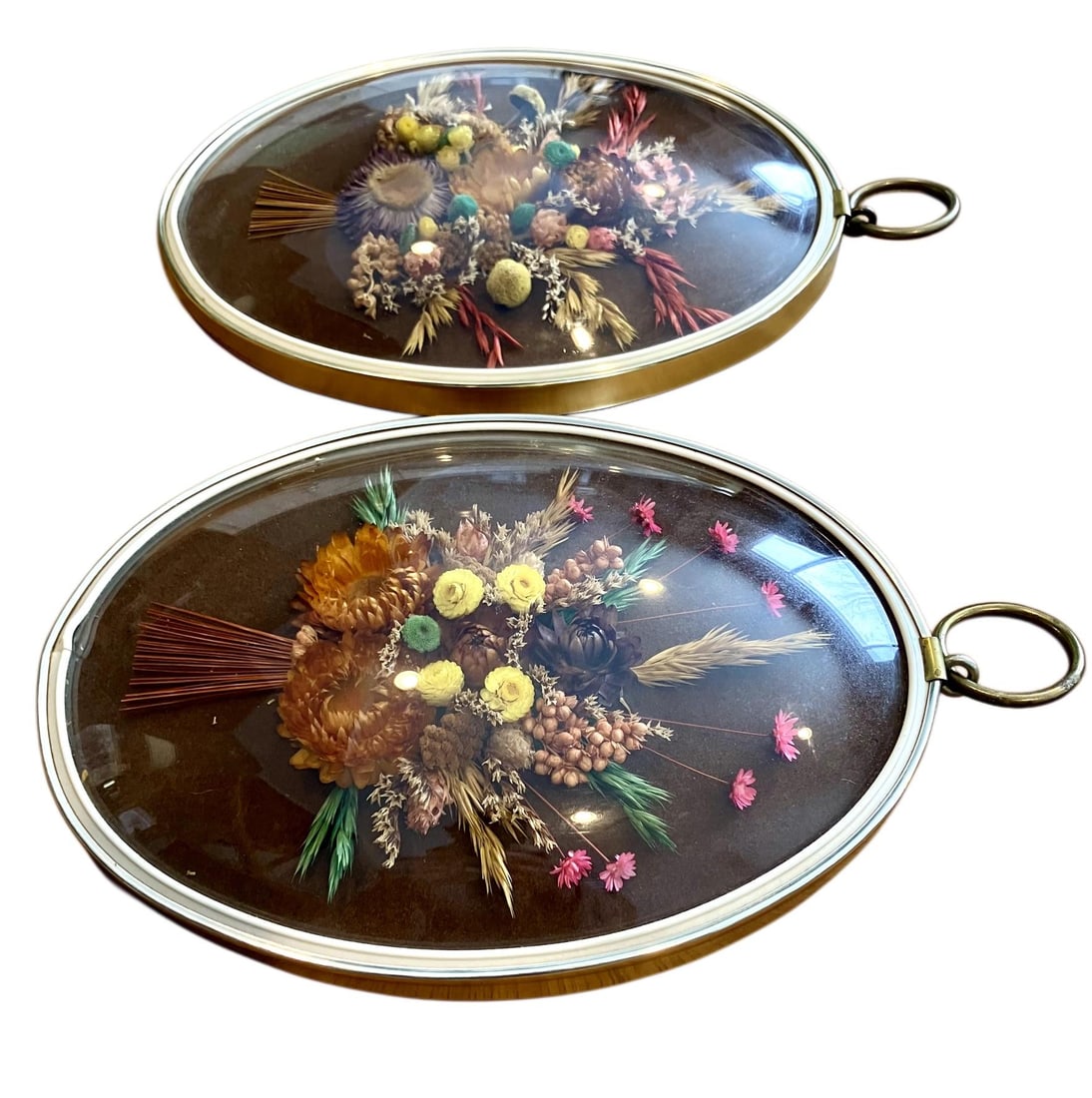 Pair of Vintage Oval Cideart Belgium Dried Floral Arrangements in a Convex Glass Dome Frames - 5
