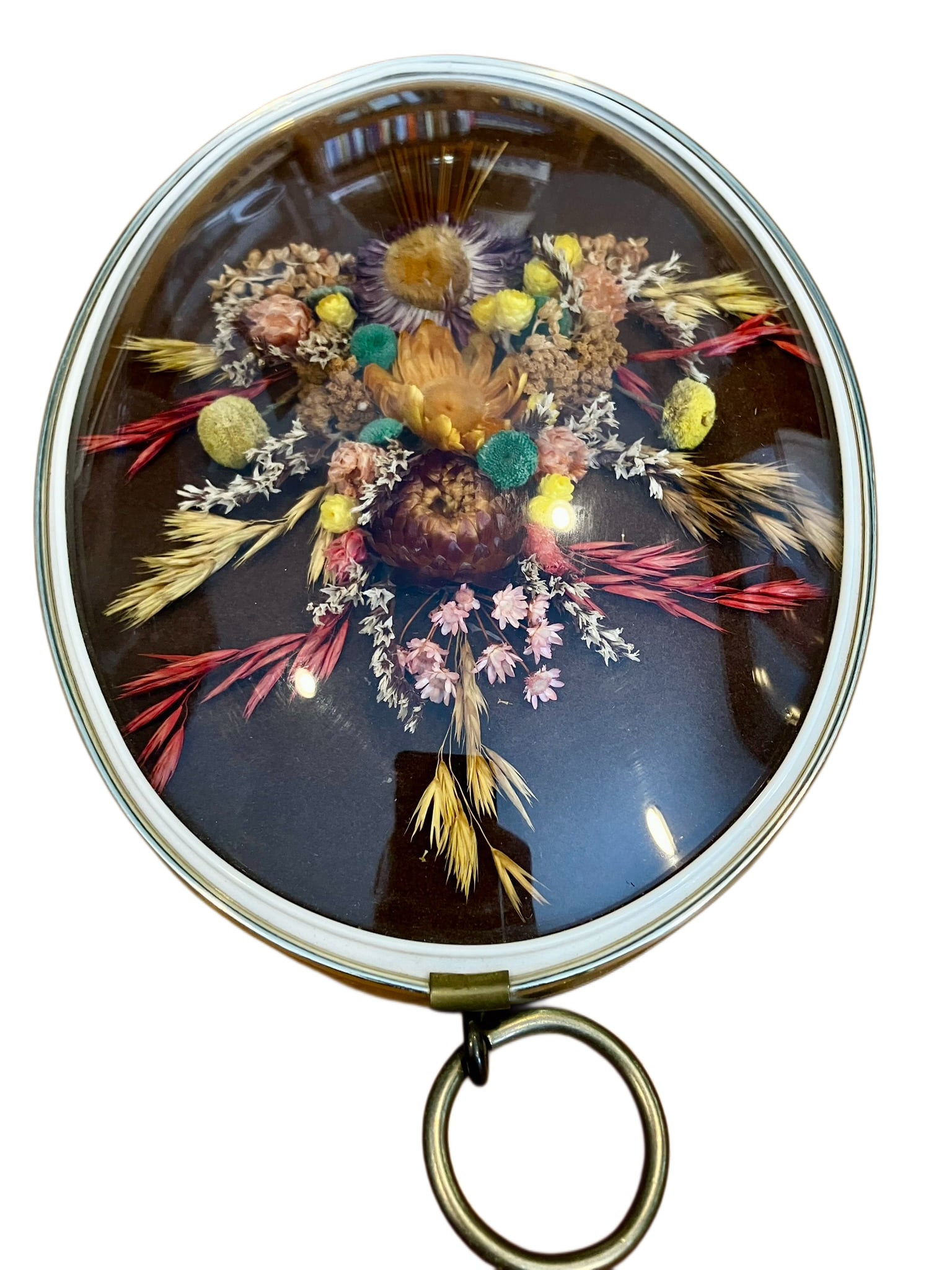 Pair of Vintage Oval Cideart Belgium Dried Floral Arrangements in a Convex Glass Dome Frames - 8