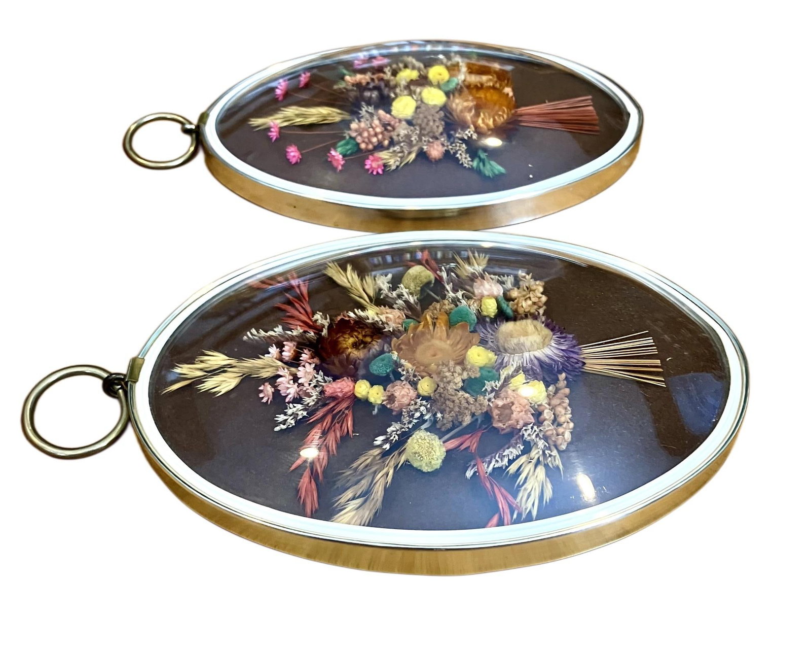 Pair of Vintage Oval Cideart Belgium Dried Floral Arrangements in a Convex Glass Dome Frames - 9