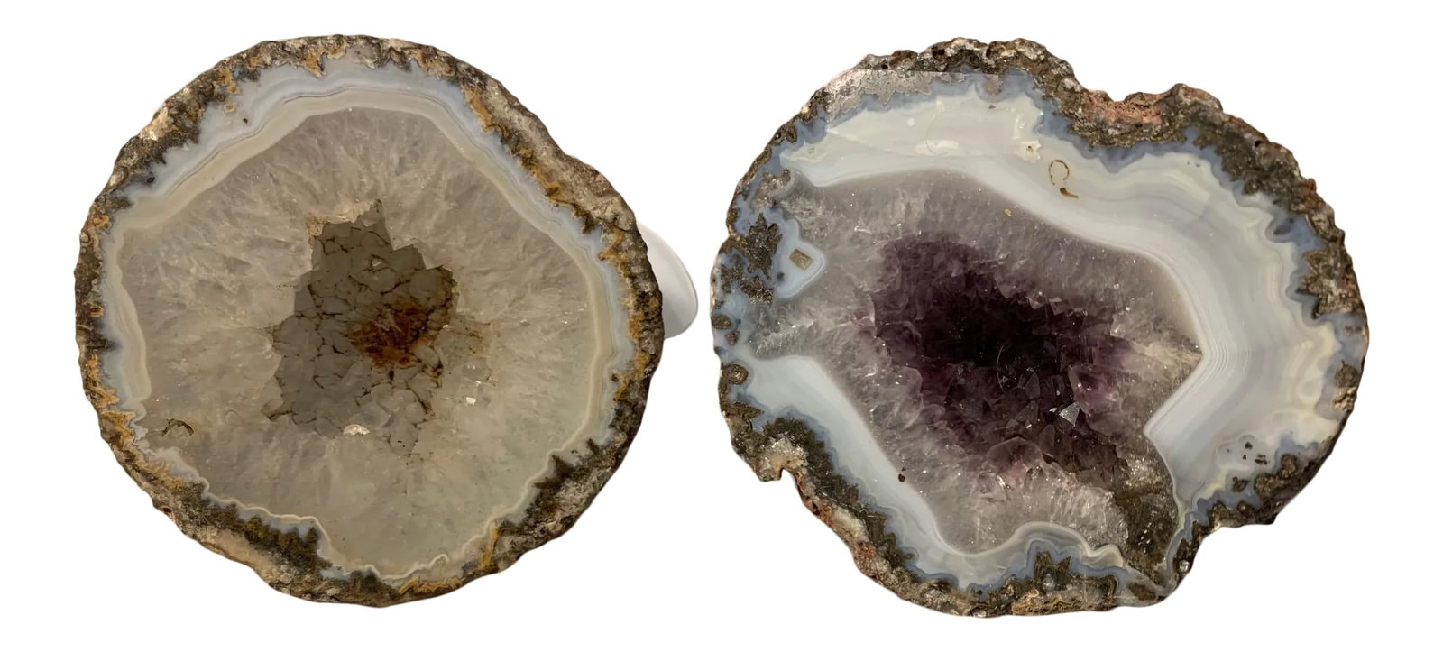 Late 18th Century Polished Split Amethyst and White Quartz Geodes - a Pair: Polished Split Amethyst Geode Surrounded by White Quartz and Agate. Pair. Uruguayan amethyst is internationally recognized as being the finest and most aesthetic amethyst in the world, due to its
