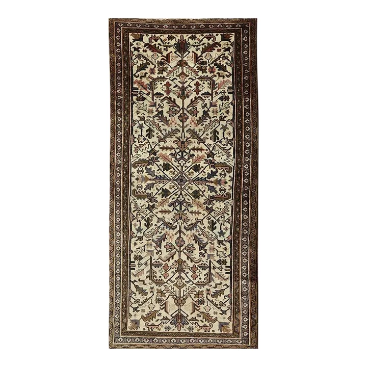 1970s Vintage Persian Heriz Runner Rug 3'2'' X 7'3'': ACTUAL SIZE: 3'2'' x 7'3'' PRIMARY COLOR: Ivory / Green AGE: Old MATERIALS: Wool FOUNDATION: Cotton PRODUCTION: Handwoven, Knotted Pile CONDITION: Excellent - wear consistent with age Condition: Alter