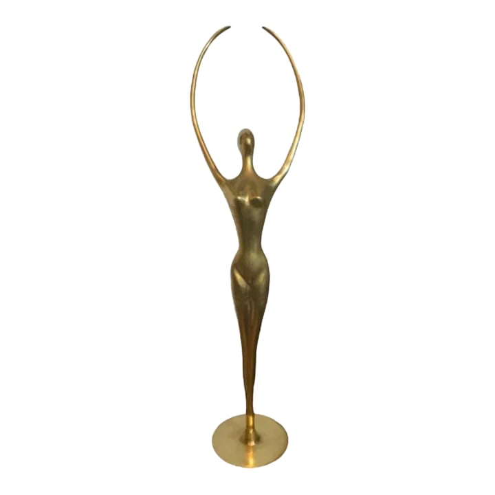 Vintage 1970s Mid-Century Modern Female Sculpture Solid Brass Dancing: 3 Foot Tall Female Sculpture Solid Brass Dancing MCM Base has some discoloration, but body is very good. Please see photos for more info 9 inches wide at elbows Base 7" diameter Condition: Alterations