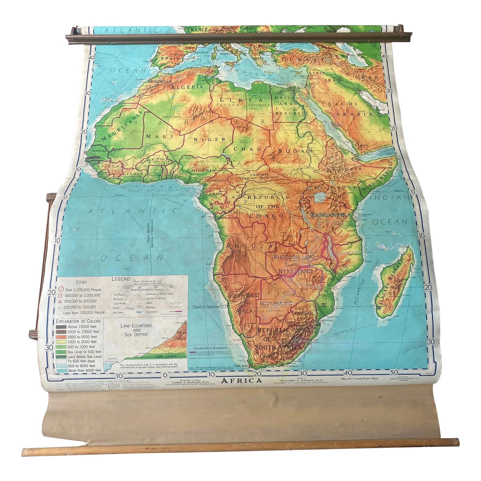 Mid 20th Century Denoyer Geppert Pull Down Maps in Oak Frames - Set of 7: Early to mid 20th century oak cased, roll up maps. 6 maps in total. Colors are stunning, the rollers all work, all hardware is in place. Oak is in immaculate condition. All original hardware. Africa