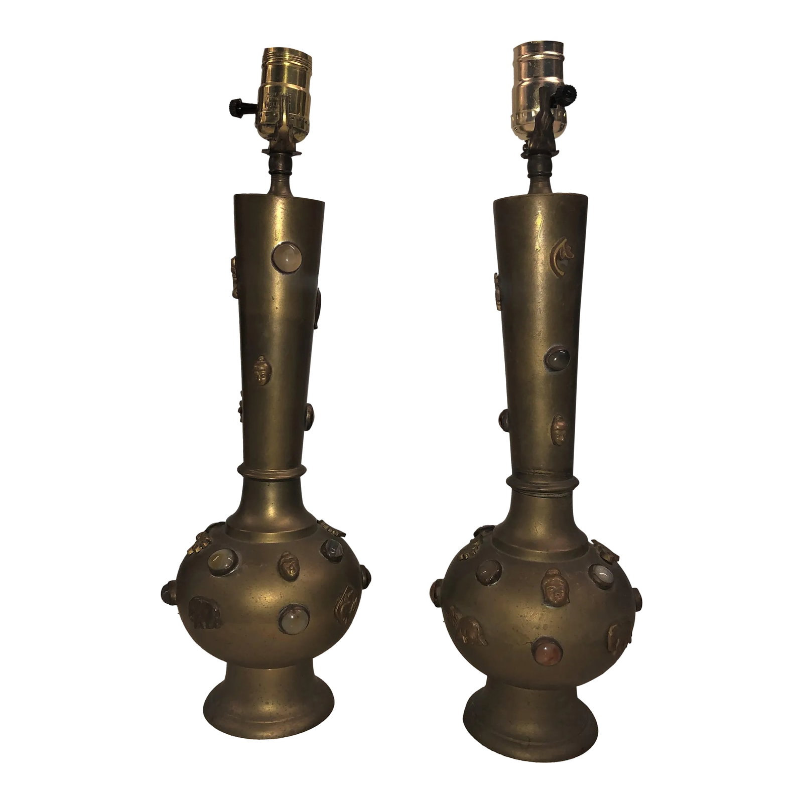 Pair of Mid 20th Century Tibetan Middle-Eastern Style Lamps With Cabochon Details (1 of 10)