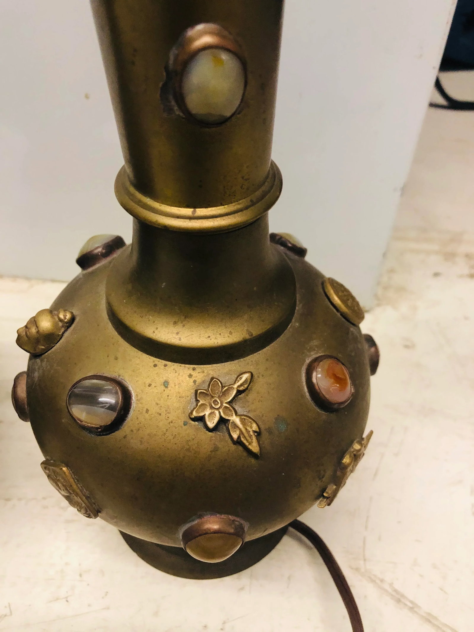 Pair of Mid 20th Century Tibetan Middle-Eastern Style Lamps With Cabochon Details - 2