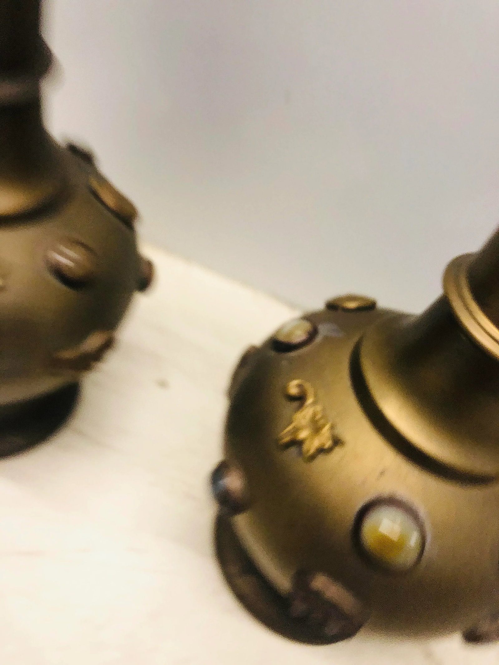 Pair of Mid 20th Century Tibetan Middle-Eastern Style Lamps With Cabochon Details - 6
