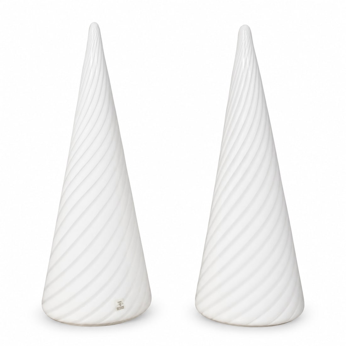 Mid-Century Murano Glass Table Lamps - Hand Blown - Vetri Murano - a Pair: Stunning pair of mid century modern cone shaped, Murano table lights, tagged with stickers "Vetri Murano". Unique cone shaped table lamps, hand blown in Italy circa 1970s with a unique spiral swirl de