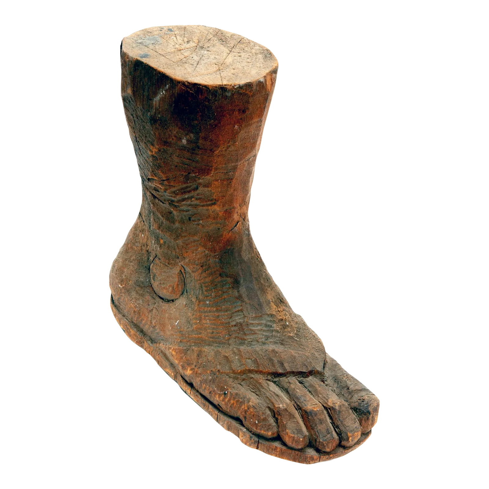 European Antique 19th Century Hand Carved Wooden Foot: Antique rare & ancient artifact, a foot, wearing a sandal, the bottom of the foot has been carved with the sandals bottom as well. Condition: Alterations: Original Condition Unaltered Imperfections: