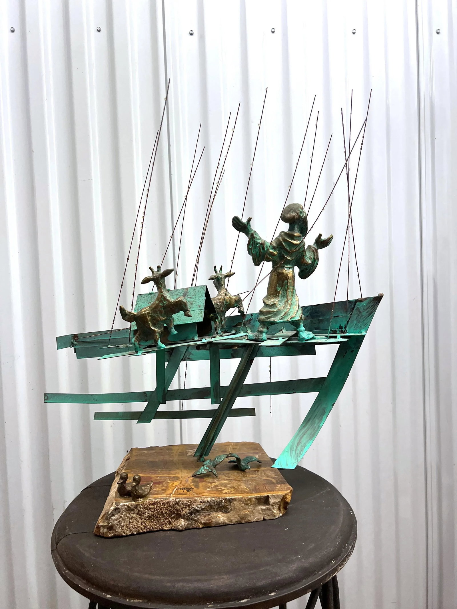 Mid 20th Century Bijan Signed Metal Art Ship With Man and Goats Sculpture - 10