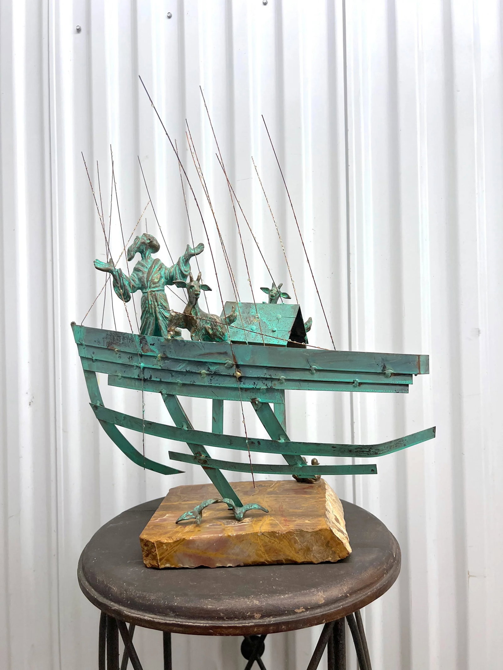 Mid 20th Century Bijan Signed Metal Art Ship With Man and Goats Sculpture - 13