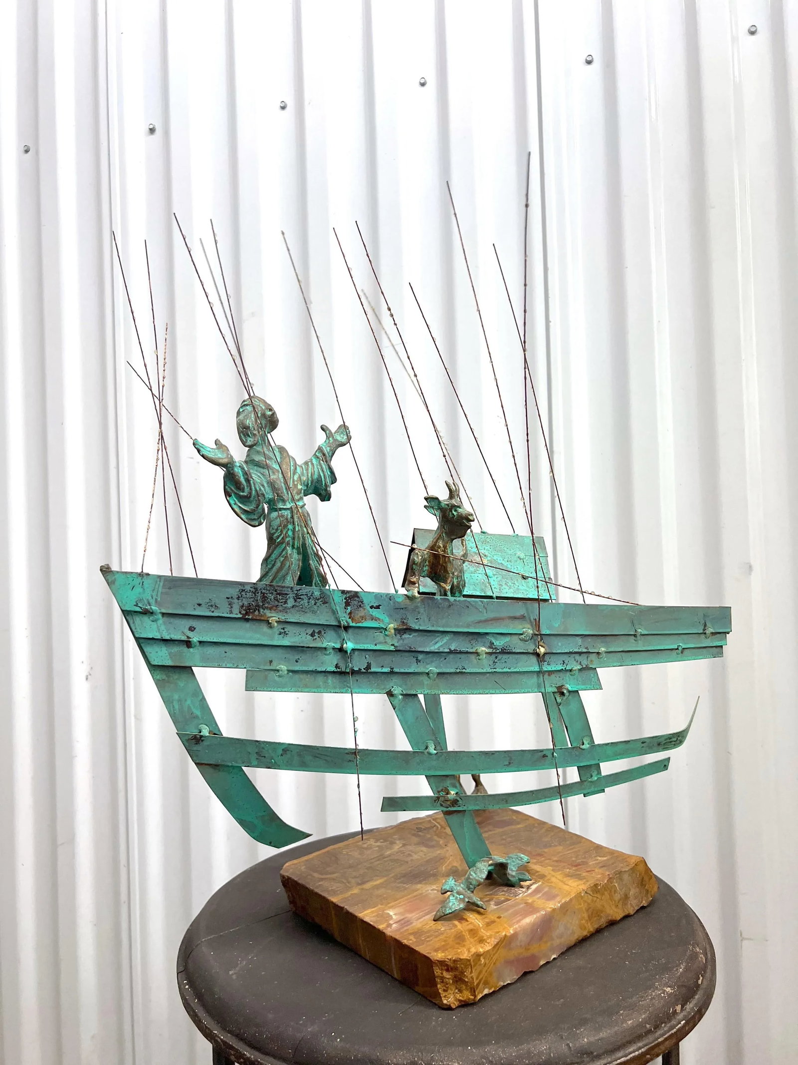 Mid 20th Century Bijan Signed Metal Art Ship With Man and Goats Sculpture - 2