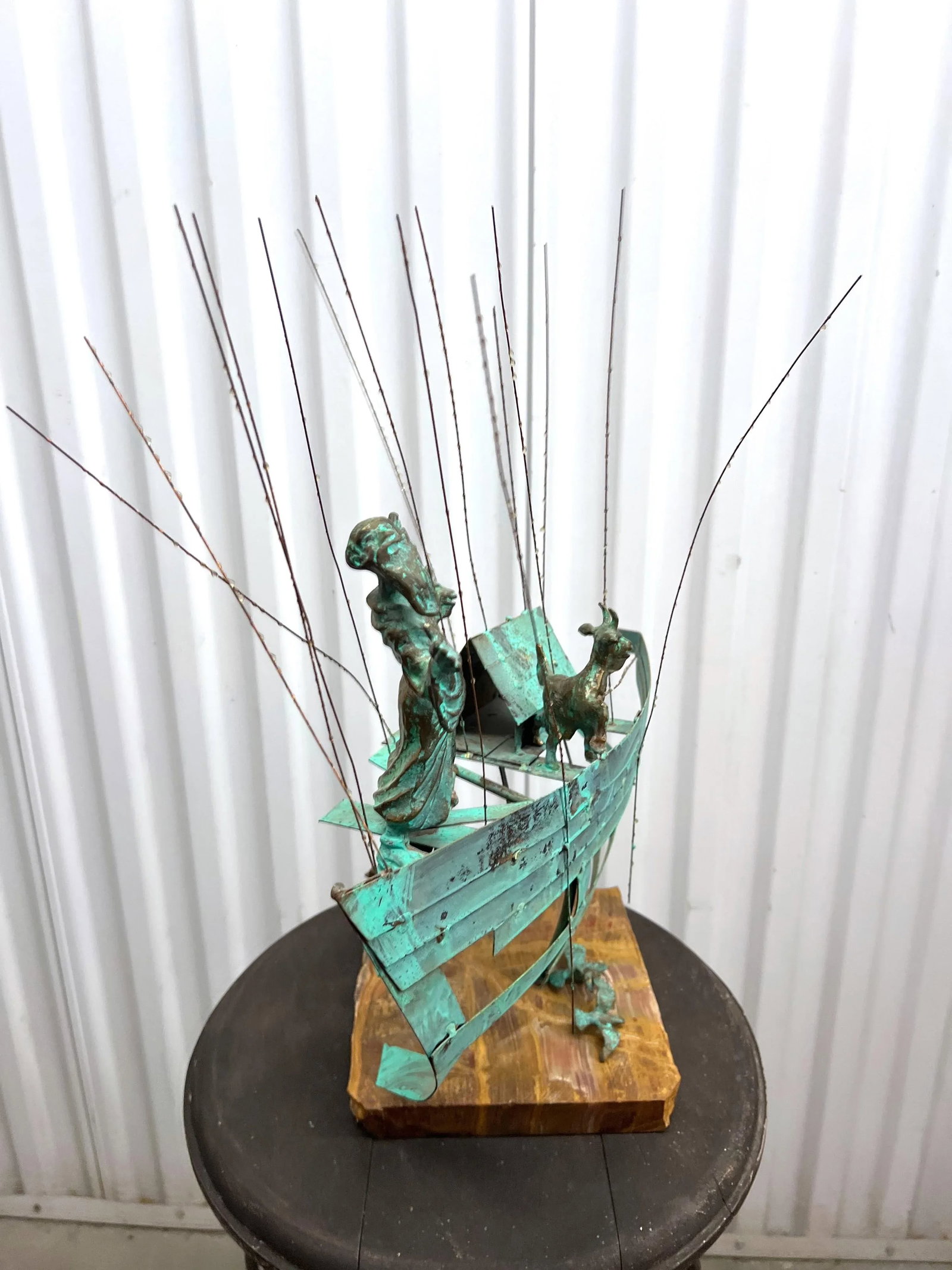 Mid 20th Century Bijan Signed Metal Art Ship With Man and Goats Sculpture - 7