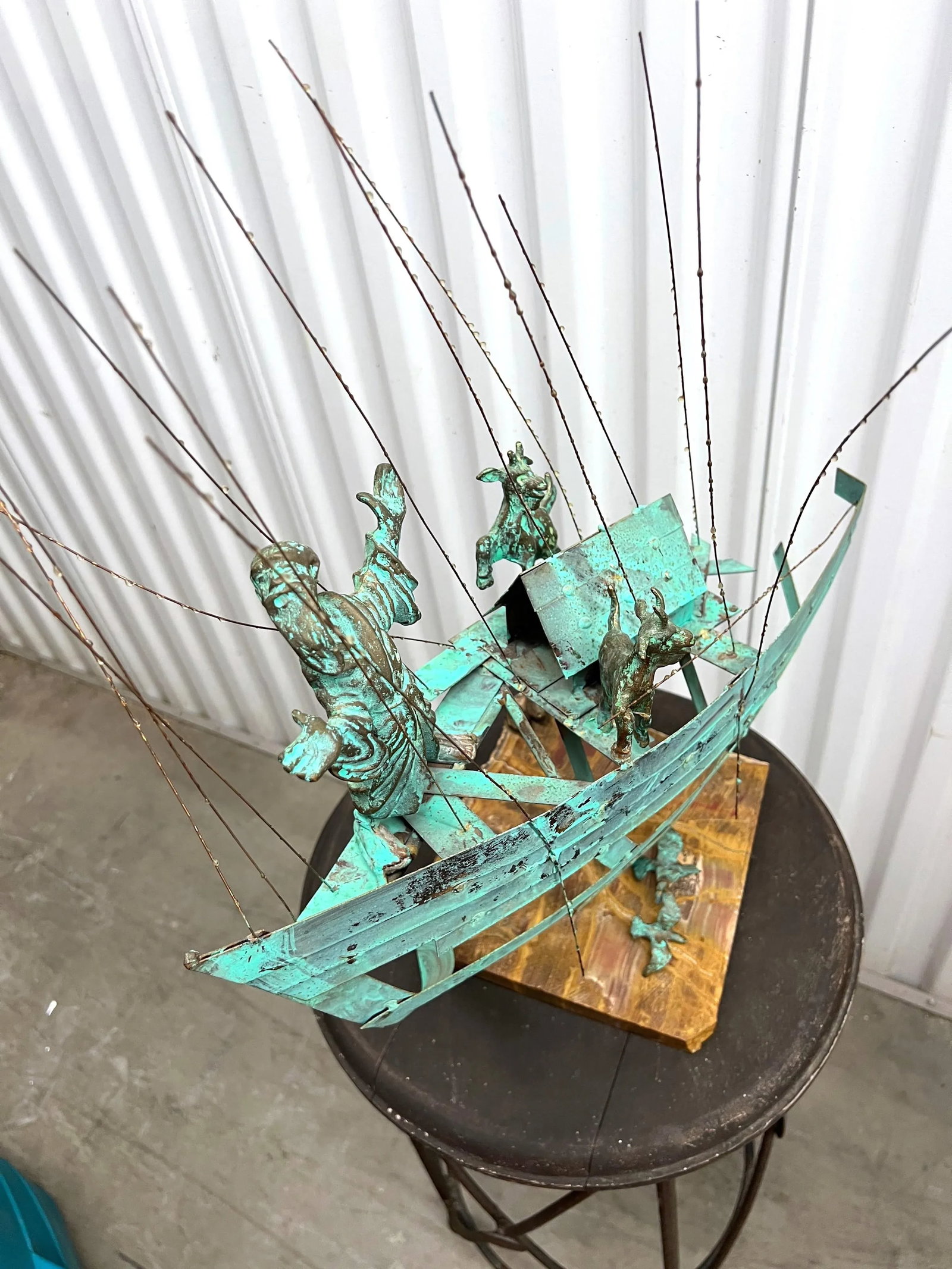 Mid 20th Century Bijan Signed Metal Art Ship With Man and Goats Sculpture - 8