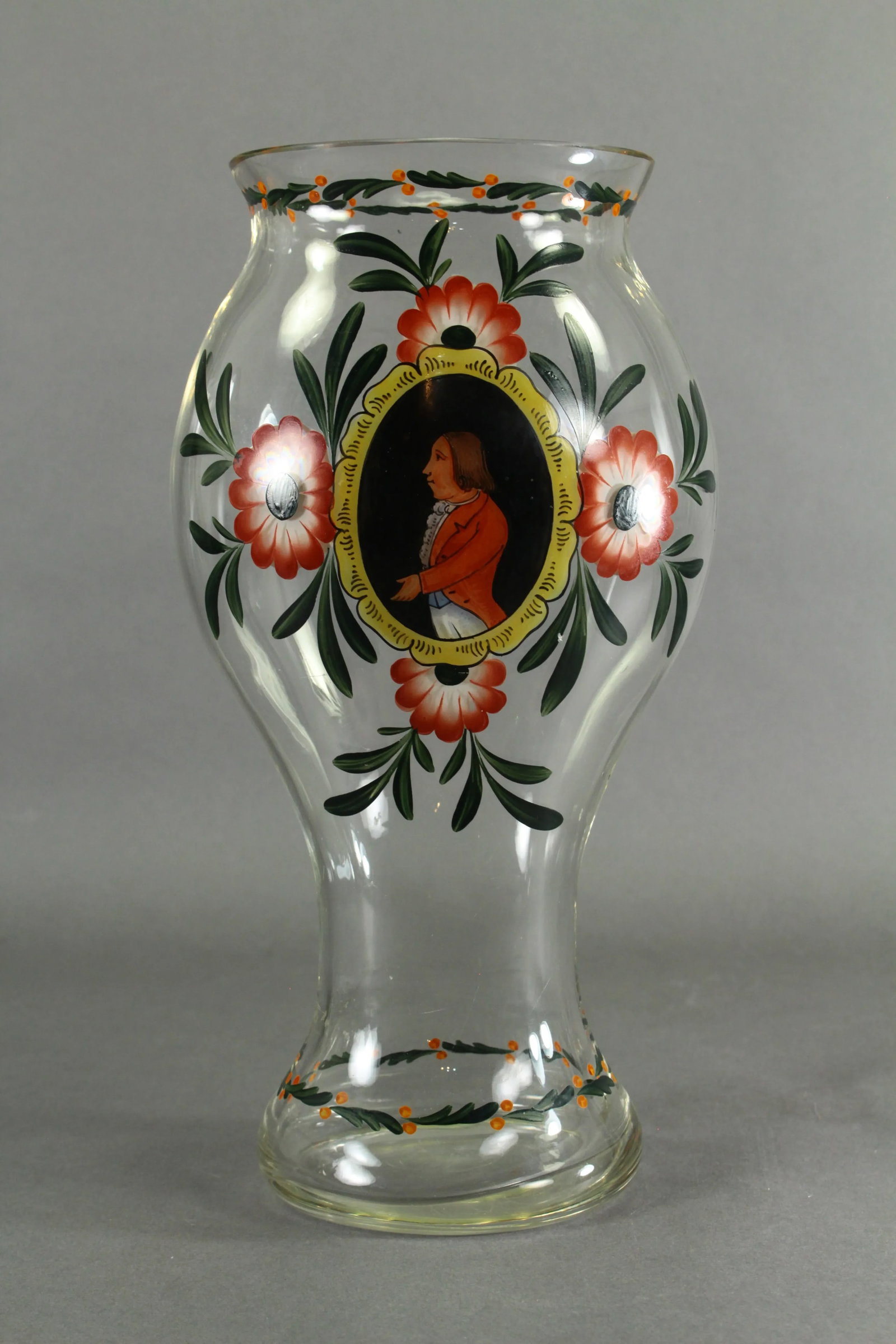 18th Century Vase Silesian Hand Blown Glass With Painted Portrait - 13