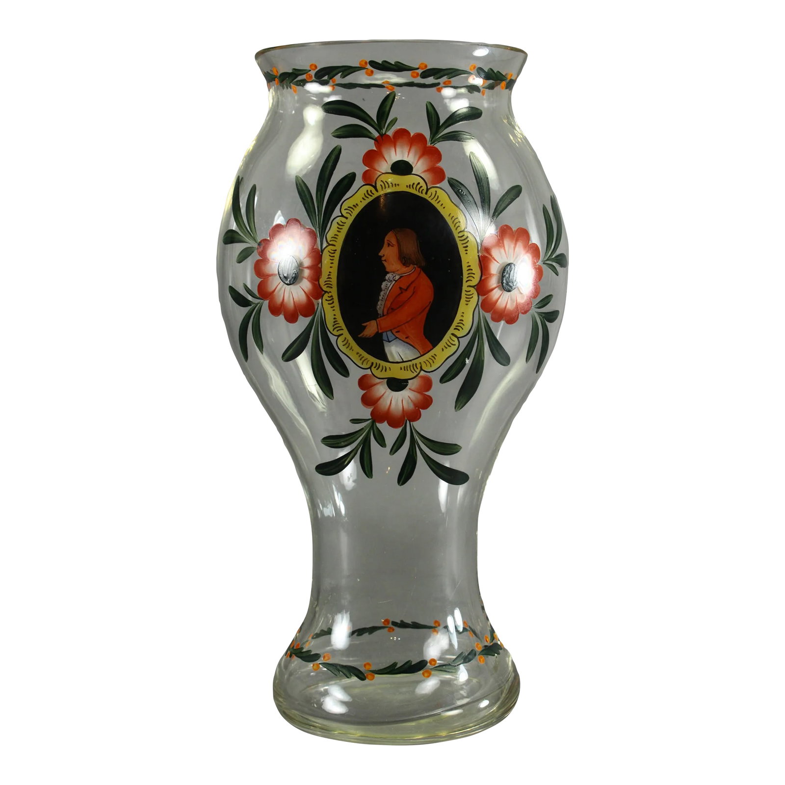 18th Century Vase Silesian Hand Blown Glass With Painted Portrait: An outstanding very early vase Silesian hand blown clear glass of highest quality Interesting flattened hourglass shape. Polished bottom Hand painted in polychrome enamels portrait upfront within a