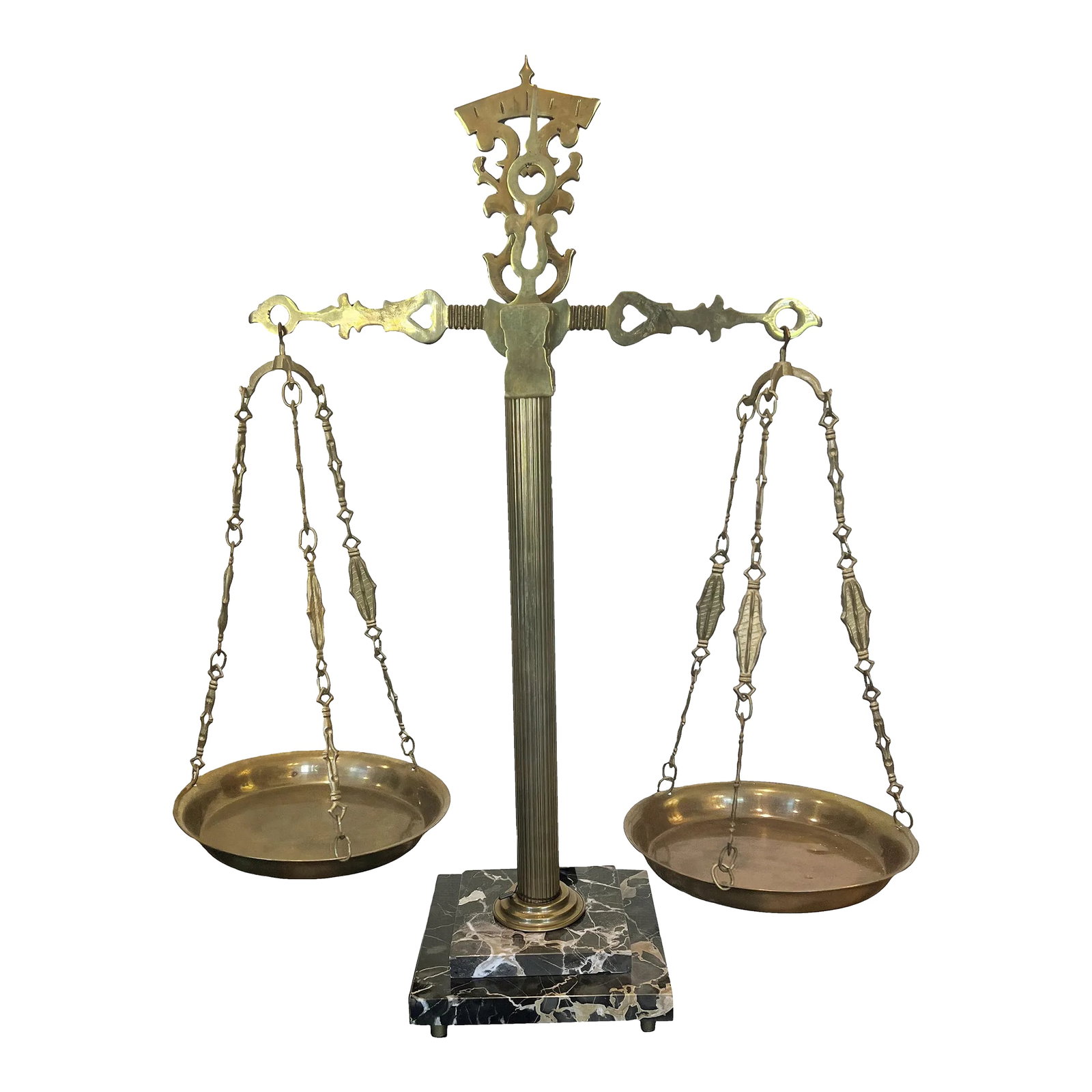 Beautiful Antique Brass Scale on Portofino Marble Base, Made in Italy: A classic antique scale with a polished Portofino marble base, fluted aged-brass stem and etched fittings, hand-made in Italy. A great accessory especially for kitchens, the use of marble and the