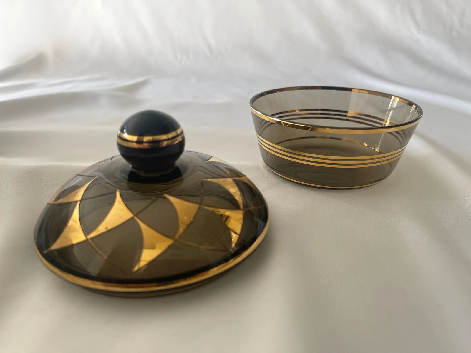 Mid 20th Century German 22K Gold, Enamel & Smoke Glass Liquor Decanter Bottle Set - 3 Pieces - 10