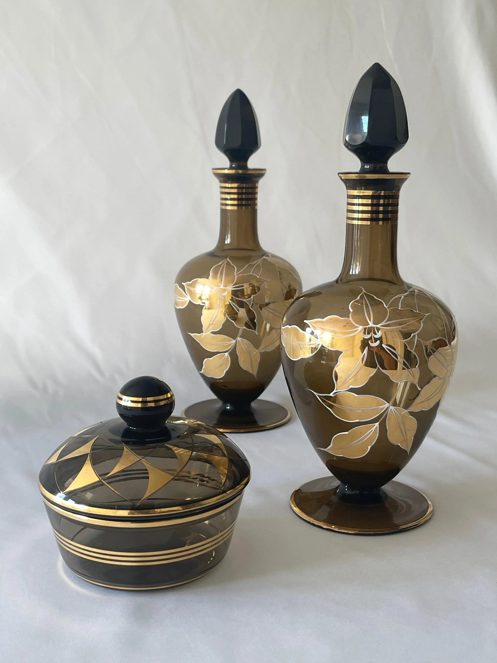 Mid 20th Century German 22K Gold, Enamel & Smoke Glass Liquor Decanter Bottle Set - 3 Pieces - 13
