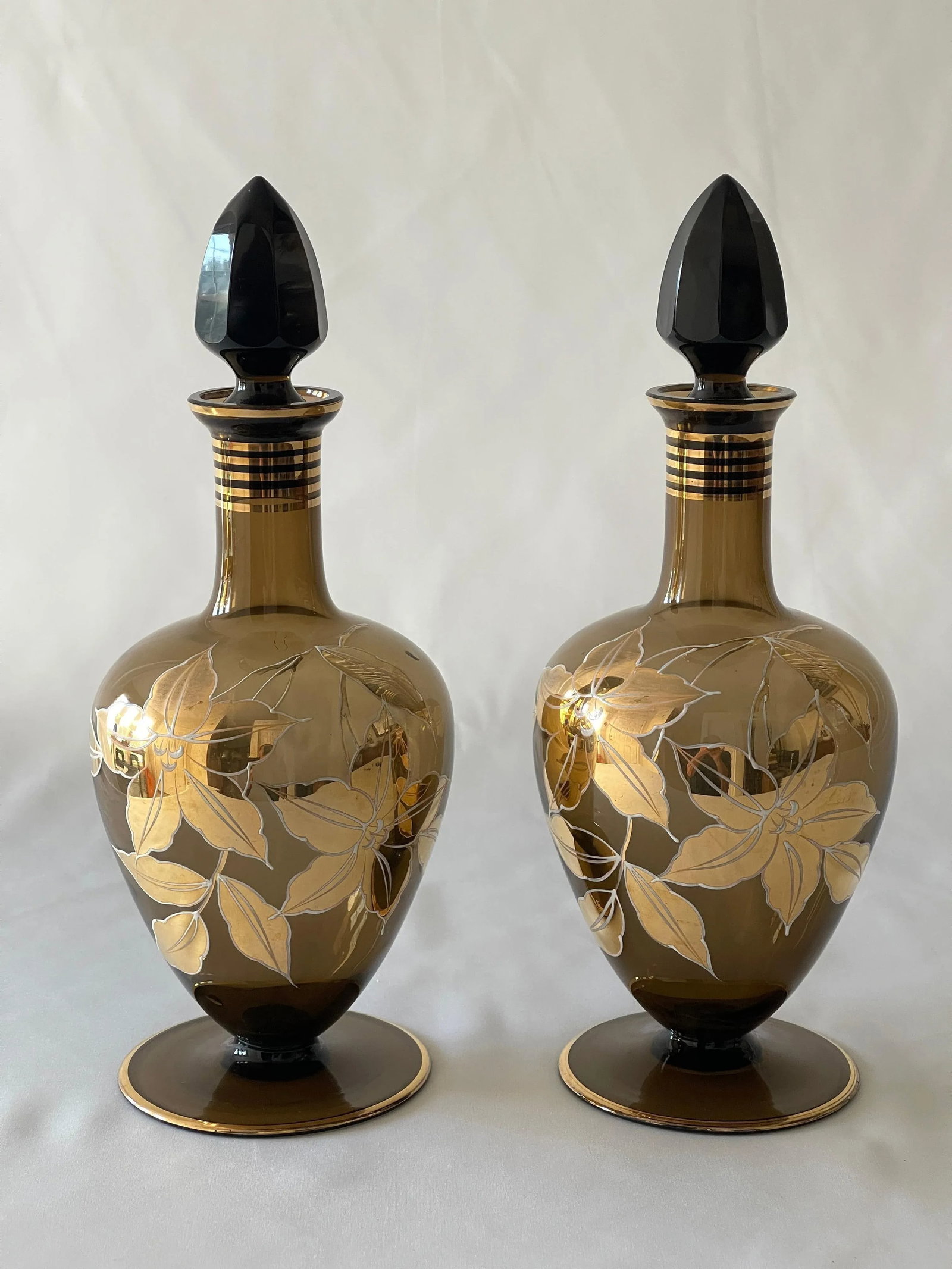 Mid 20th Century German 22K Gold, Enamel & Smoke Glass Liquor Decanter Bottle Set - 3 Pieces - 2