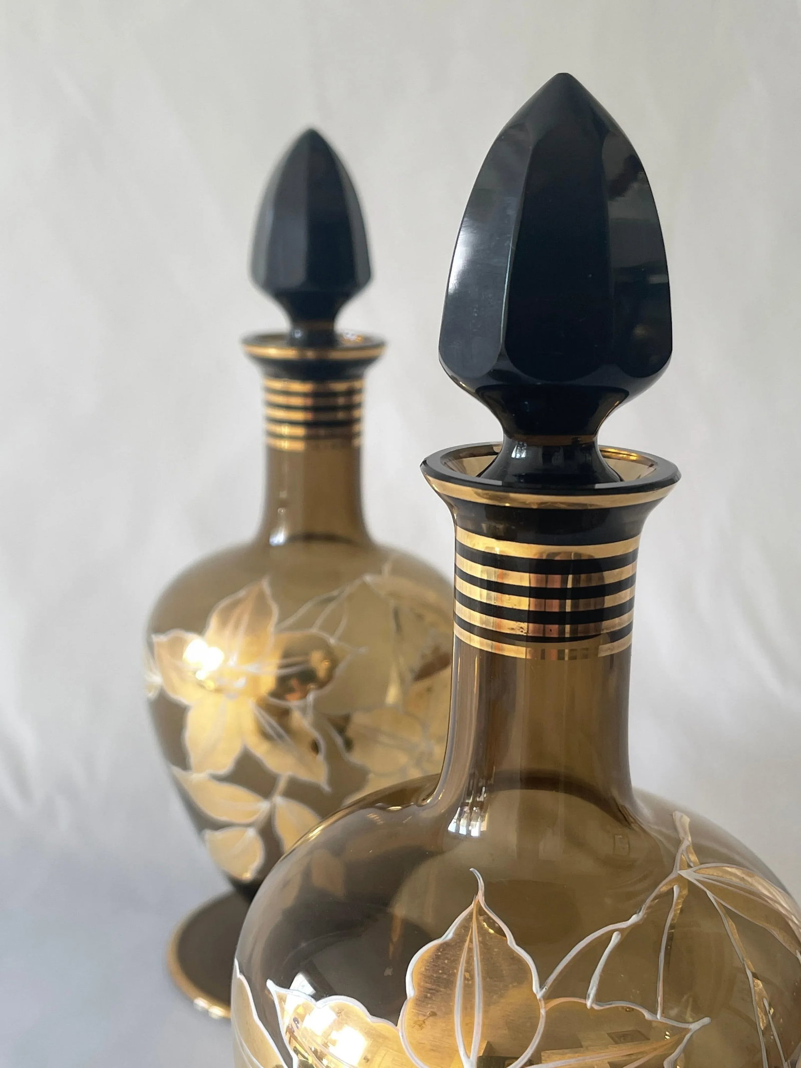 Mid 20th Century German 22K Gold, Enamel & Smoke Glass Liquor Decanter Bottle Set - 3 Pieces - 3