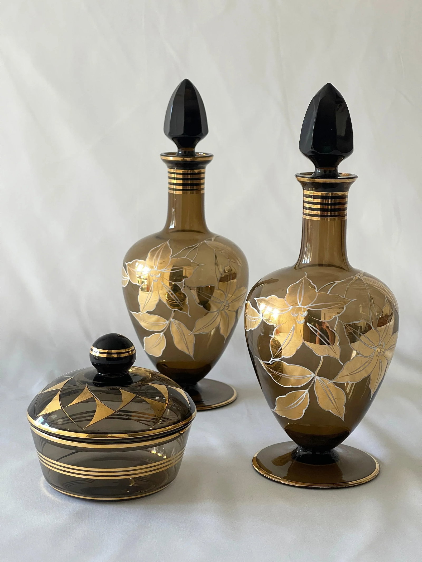 Mid 20th Century German 22K Gold, Enamel & Smoke Glass Liquor Decanter Bottle Set - 3 Pieces - 4