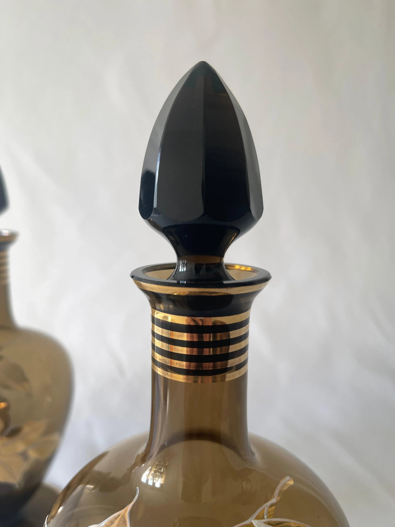 Mid 20th Century German 22K Gold, Enamel & Smoke Glass Liquor Decanter Bottle Set - 3 Pieces - 5
