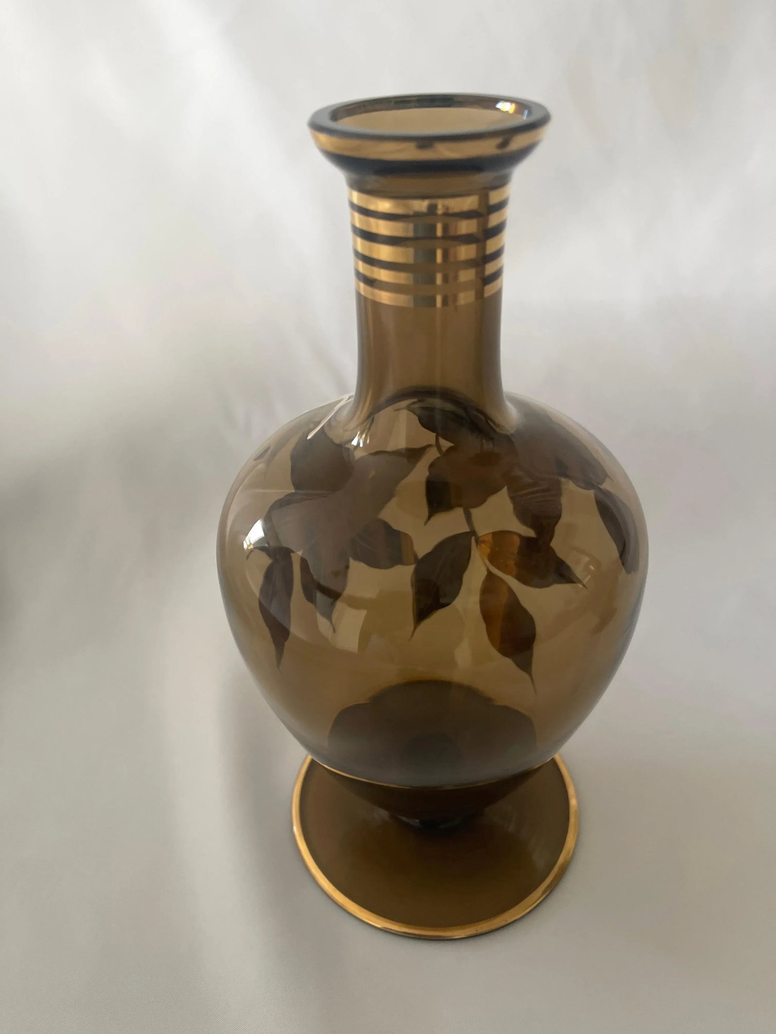 Mid 20th Century German 22K Gold, Enamel & Smoke Glass Liquor Decanter Bottle Set - 3 Pieces - 7