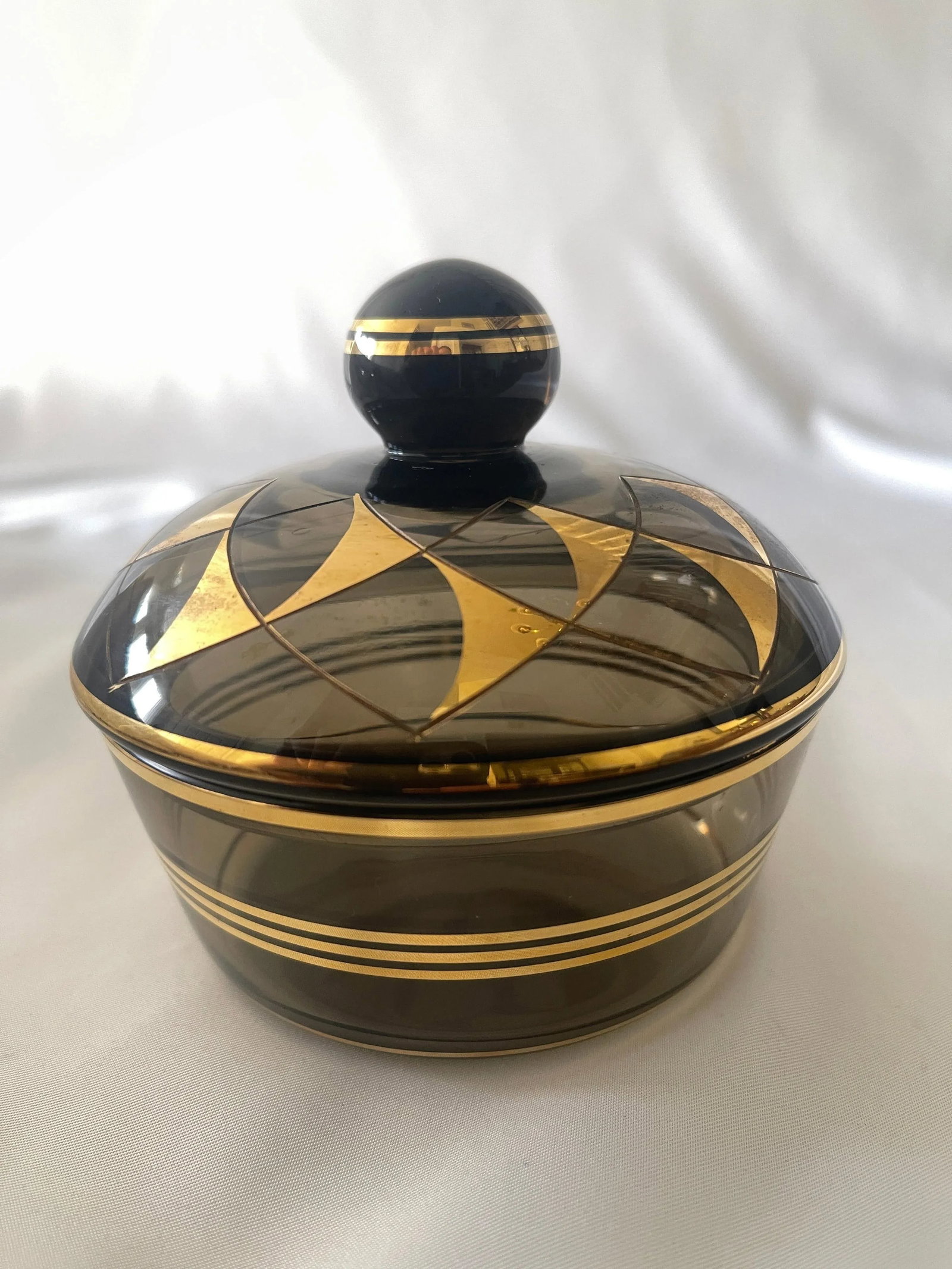 Mid 20th Century German 22K Gold, Enamel & Smoke Glass Liquor Decanter Bottle Set - 3 Pieces - 8