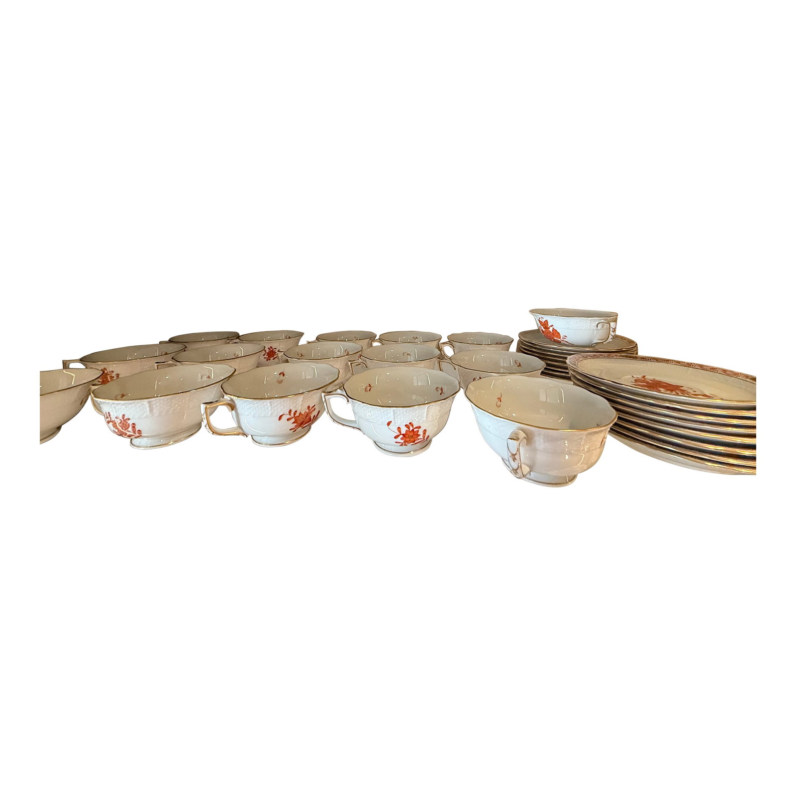 1970s Herend Chinese Bouquet Rust Coffee Set- 32 Pieces: Famous hand-painted Herend porcelain, known for its quality and distinctive patterns. Founded in 1826 in Hungary. 16 footed coffee/tea cups and matching saucers. Holds 6-8 ounces. Saucers are 6.25 wid