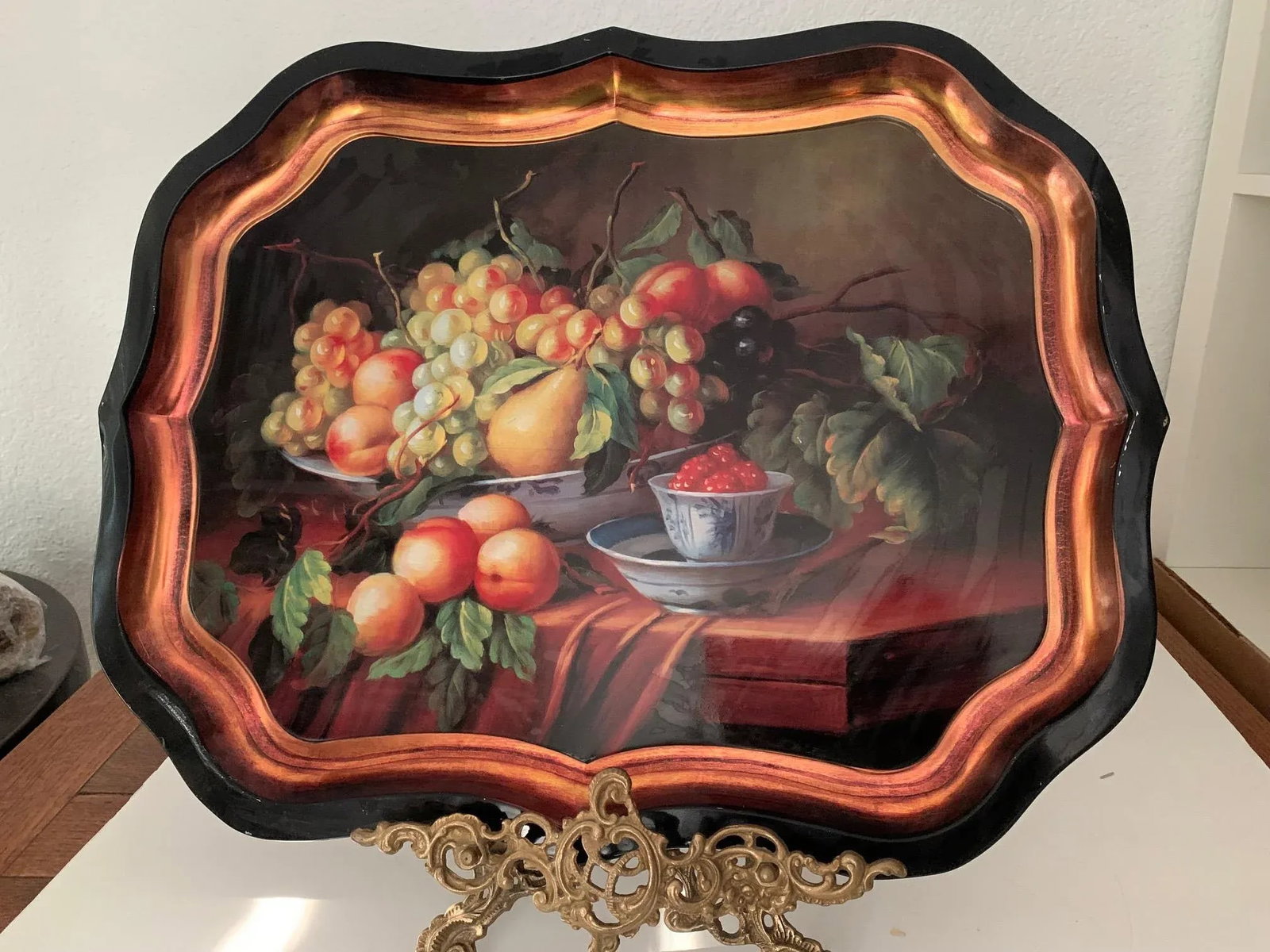1970s Large Spanish Fruits Cornucopia "Bodegon" Still-Life Painting on Black Metal Tray With Copper - 10