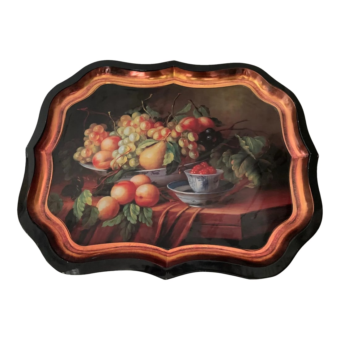 1970s Large Spanish Fruits Cornucopia "Bodegon" Still-Life Painting on Black Metal Tray With Copper: Large Spanish Fruits Cornucopia "Bodegon" Still-Life Painting on Black Metal Tray With Copper Rim are the naturalistic depiction of fruits and the use of light to create the illusion of reality. All