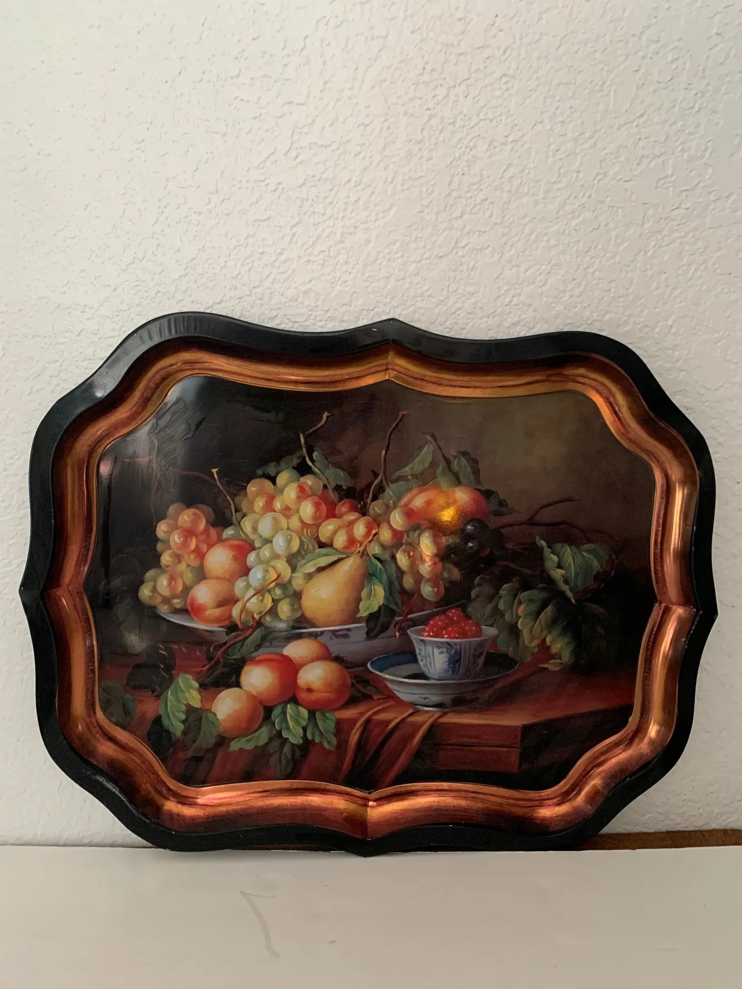 1970s Large Spanish Fruits Cornucopia "Bodegon" Still-Life Painting on Black Metal Tray With Copper - 4