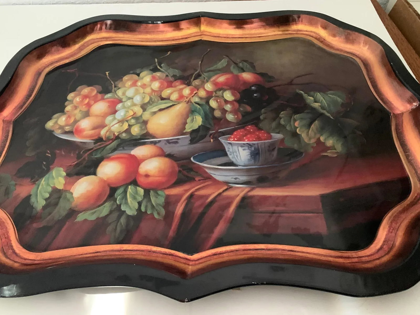 1970s Large Spanish Fruits Cornucopia "Bodegon" Still-Life Painting on Black Metal Tray With Copper - 8