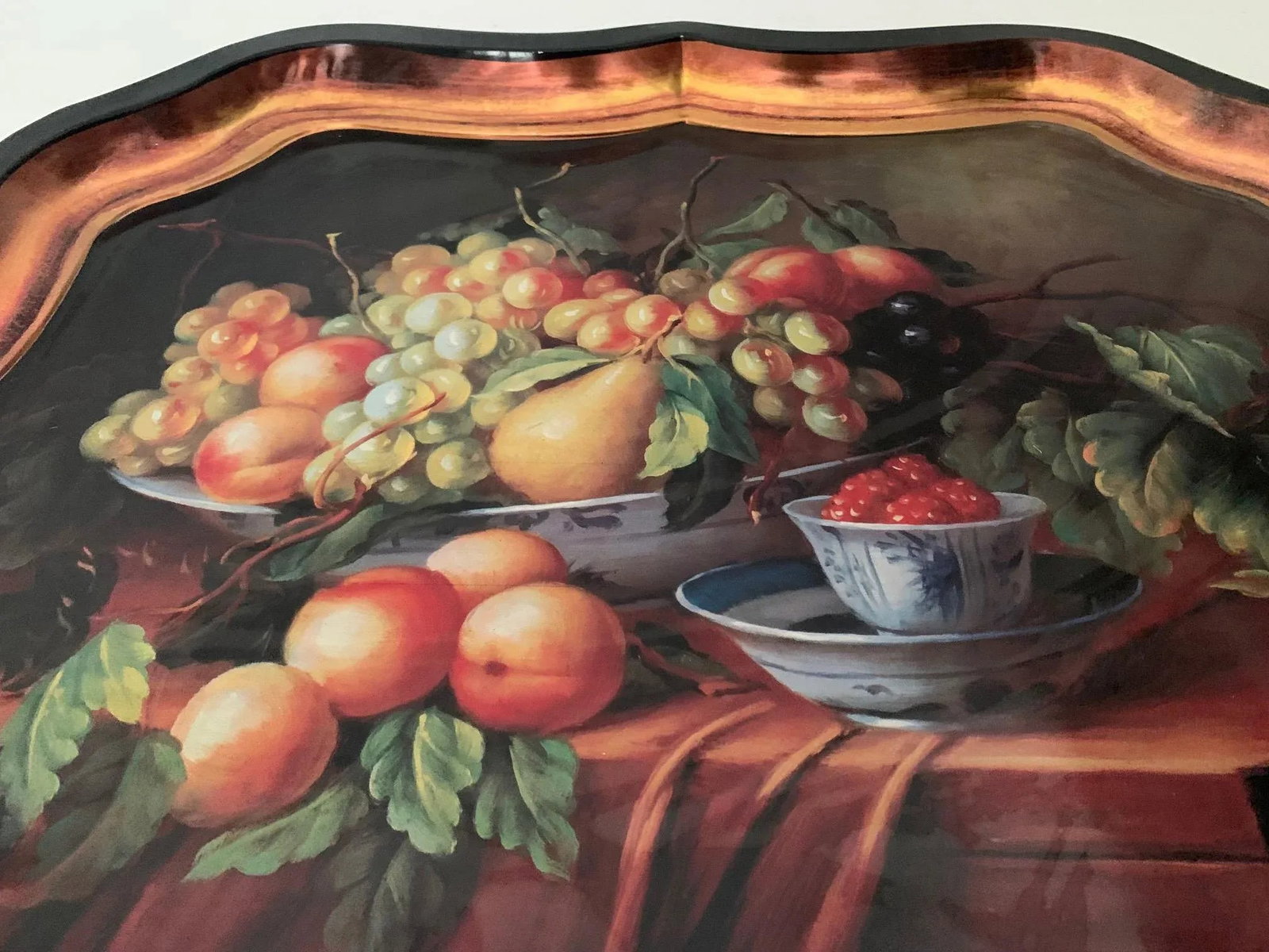 1970s Large Spanish Fruits Cornucopia "Bodegon" Still-Life Painting on Black Metal Tray With Copper - 9