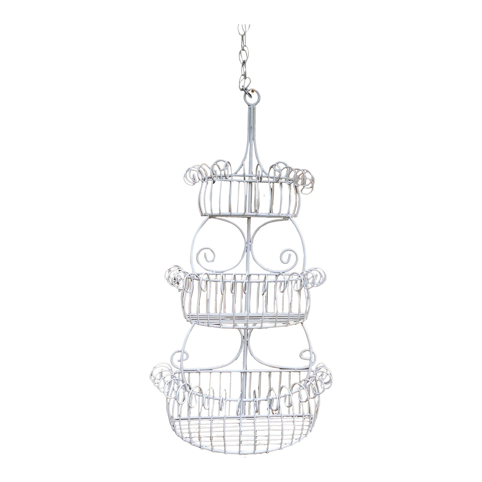 Vintage Iron and Wire Three Tier Wall Planter: A lovely and unique white iron with scrolled wire three tier wall planter that could be wall mounted or hung from the ceiling with chain. 16"W x 8.5"W x 30"H to the top of the planter; chain not inclu
