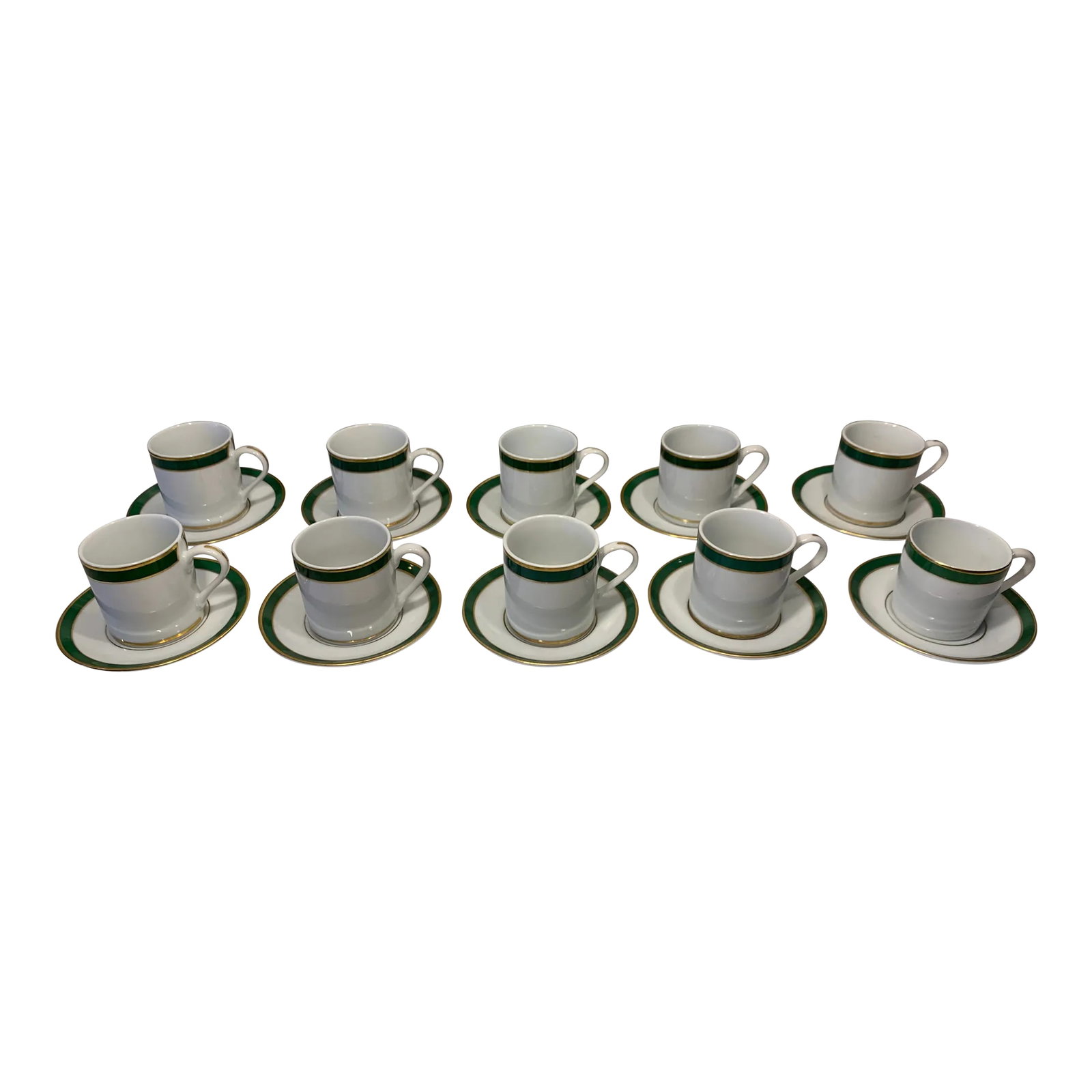 1980s American Porcelain Demitasse Cups and Saucers, Woodmere of New Castle Pennsylvania- 20 Pieces: Set of 10 American Porcelain Demitasse Cups and Saucers, Woodmere of Newcastle Pennsylvania. Emerald green with fine gold trim. Cup: 2" Dia x 2" H Saucer: 4' DIA Condition: Alterations: Original Condi