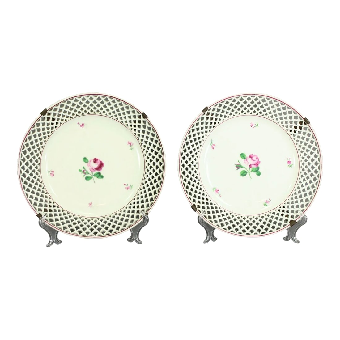 18/19th Century Royal Vienna Pair Porcelain Plates Reticulated With Flowers: A pair of authentic early Royal Vienna porcelain plates Beautiful wide reticulated borders Expertly hand painted with a large, vibrantly colored pink rose in the center and five little pink flower