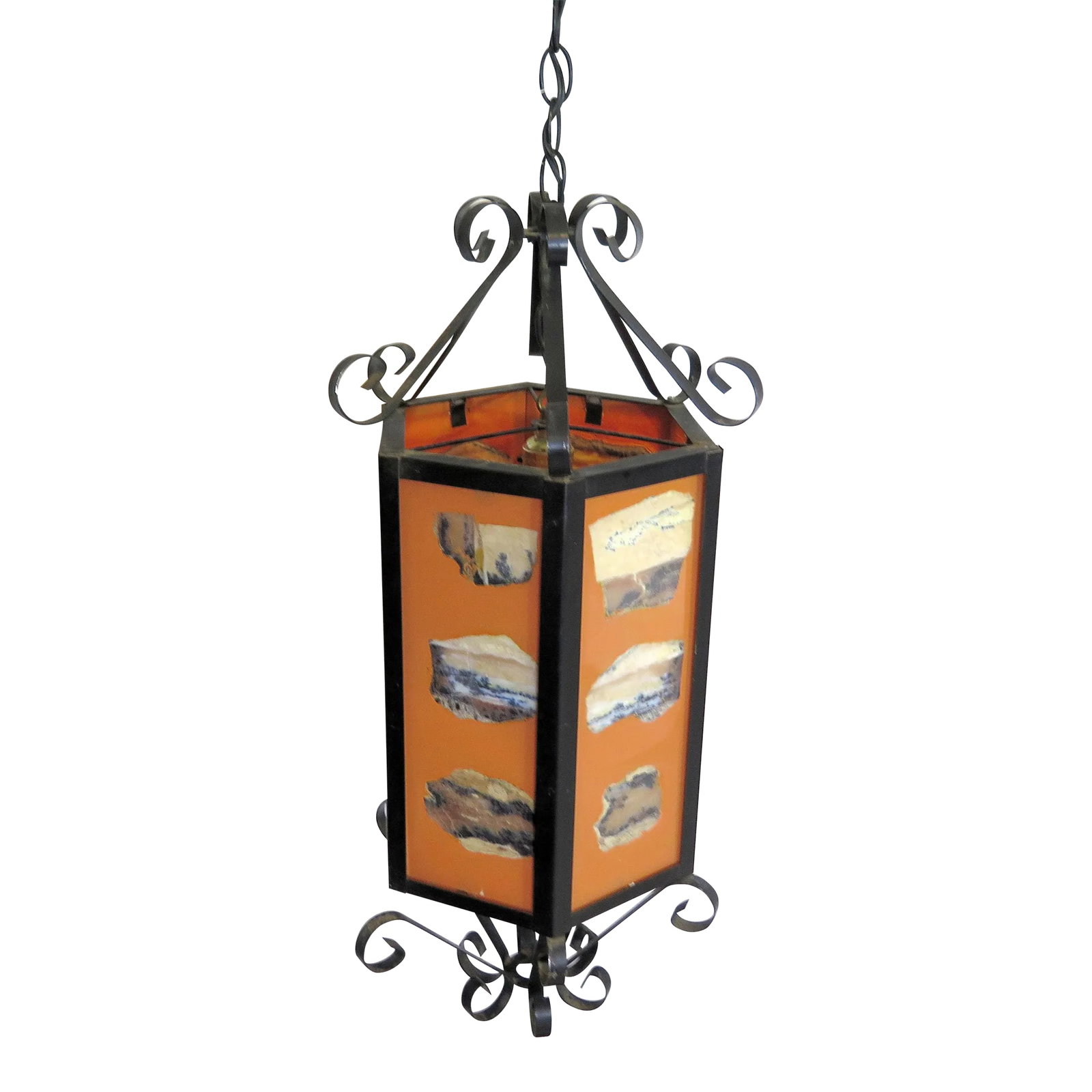 Vintage 1960s Authentic 18 Geode 6 Sided Swag Pendant Light: This hand crafted wrought iron swag lamp has 6 sides that features 18 citrine geodes that are hand cut and polished. It was created in Idaho by a famous Idaho mineralogist named Reed Lewis, who also w