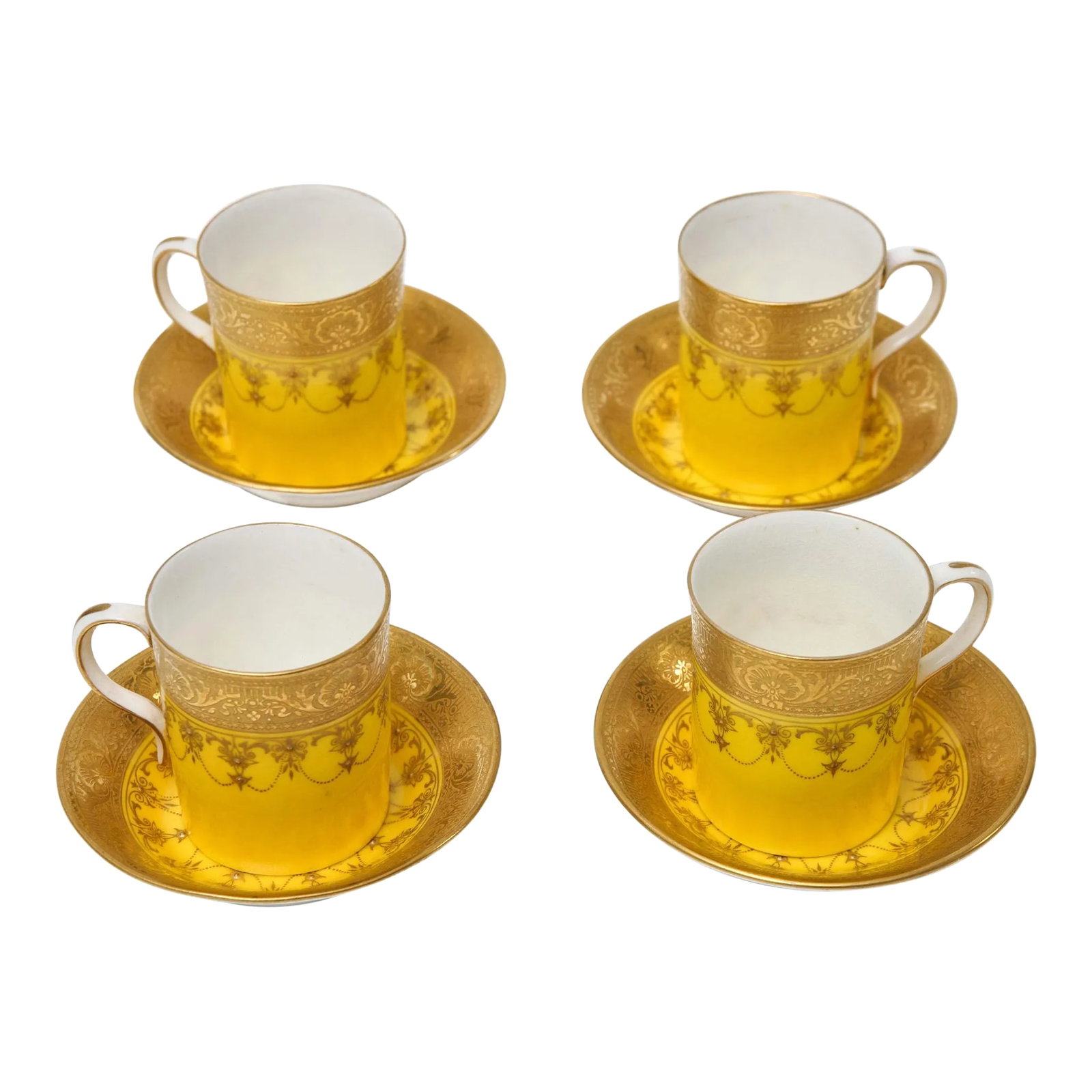 Antique Royal Worcester England Custom Demi Tasse Sets, 8 Pieces: A set of 4 rare and hard to find yellow sweet little after dinner demi tasse coffee sets. These feature a beautiful raised gold swag motif and acid etched gold bands. Custom ordered though the fine
