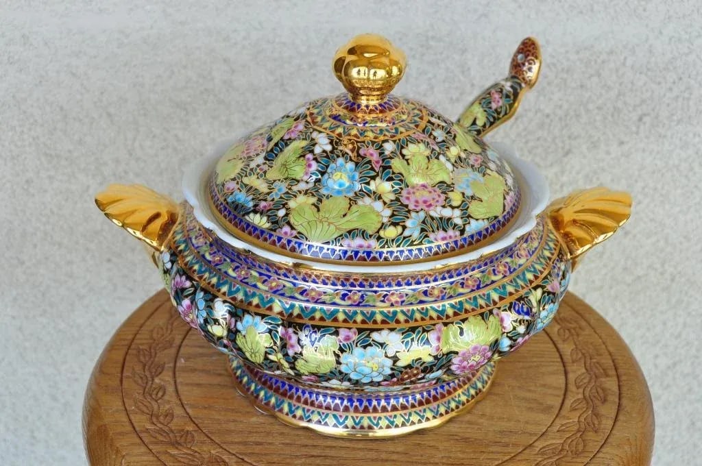 Thai Benjarong Porcelain Soup Tureen & Ladle Set With Hand-Painted Floral Decorations - 11