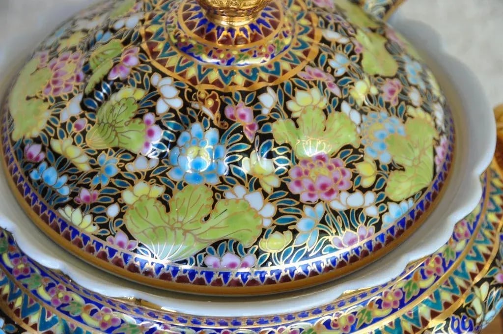 Thai Benjarong Porcelain Soup Tureen & Ladle Set With Hand-Painted Floral Decorations - 12