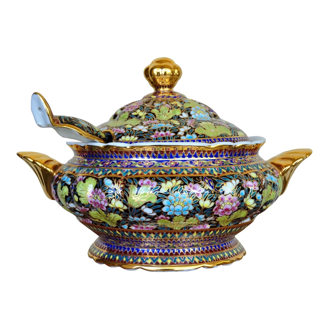 Thai Benjarong Porcelain Soup Tureen & Ladle Set With Hand-Painted Floral Decorations: (YOU CAN MAKE REASONABLE OFFERS.) The set includes the tureen with lid and ladle, all hand painted in Thailand using enamel colors and gold. It is 13" wide, 10" deep, 9" high and weighs about 5 lb.