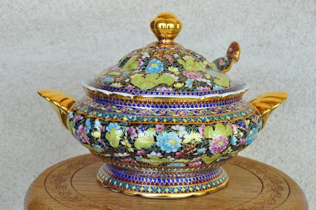 Thai Benjarong Porcelain Soup Tureen & Ladle Set With Hand-Painted Floral Decorations - 2